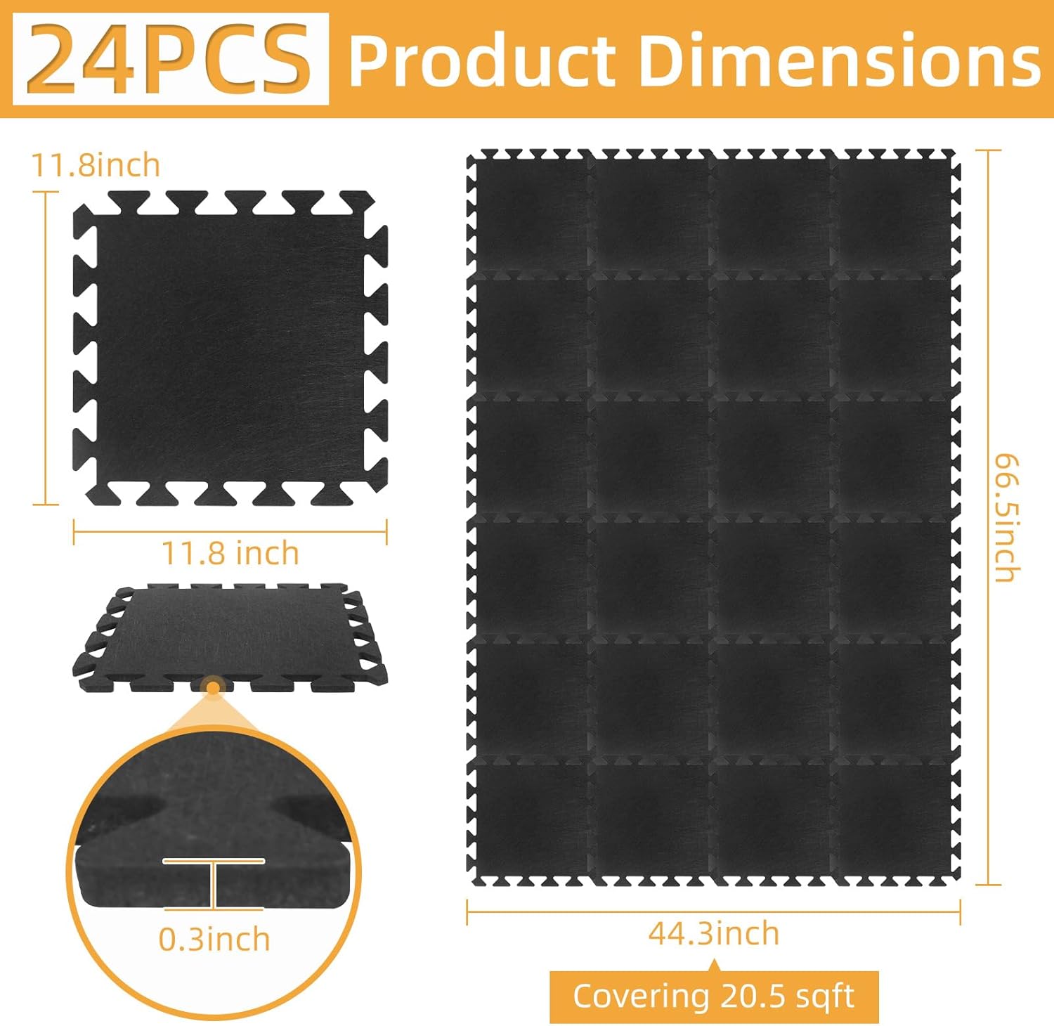 24Pcs Sound Absorbing Interlocking Floor Mats, 11 x 11 x 0.3 Inch High Density Piano Carpet Drum Rug, Non-Slip Anti Vibration Soundproof Pads, Black