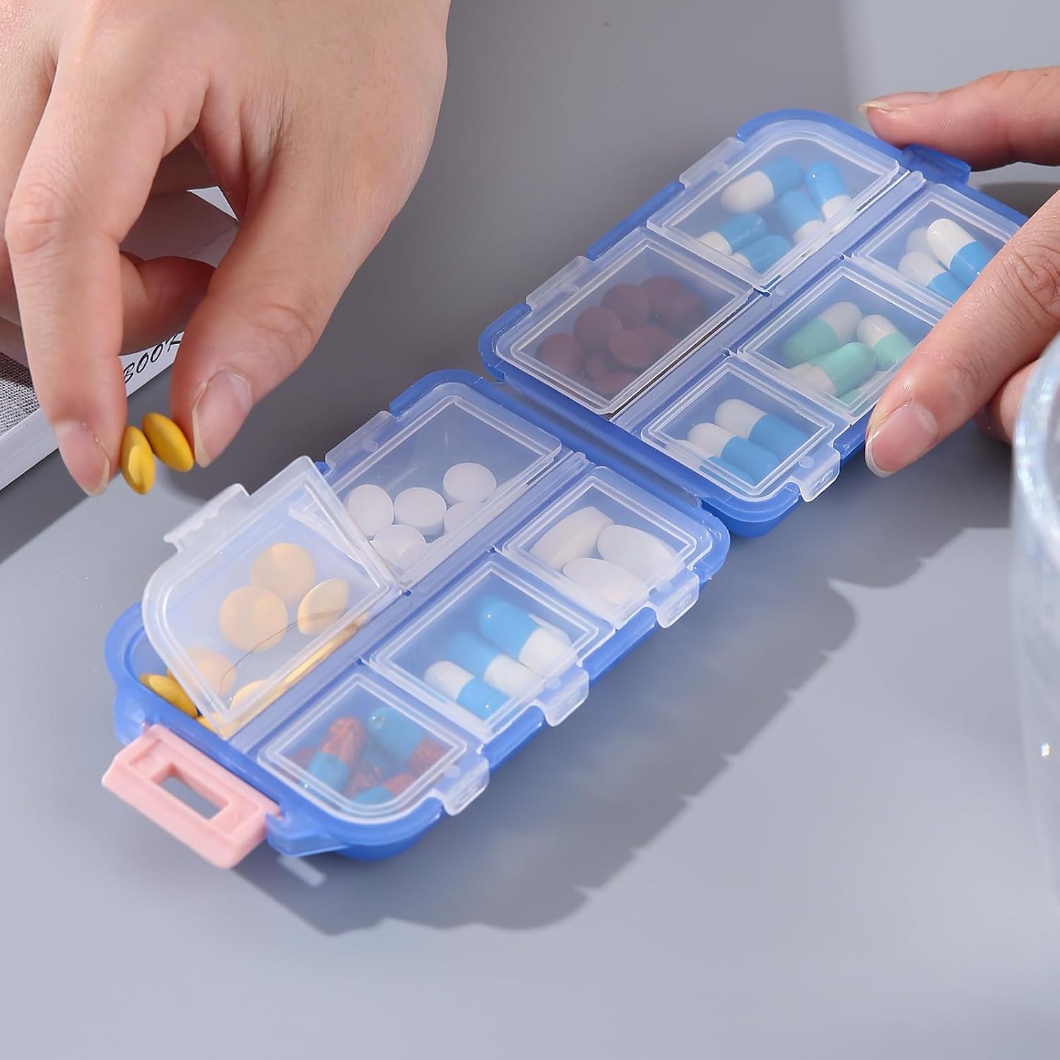 1Pack Travel Pill Organizer - 10 Compartments Pill Case, Compact and Portable Pill Box, Perfect for On-The-Go Storage, Pill Holder for Purse (Blue with 156 Stickers)