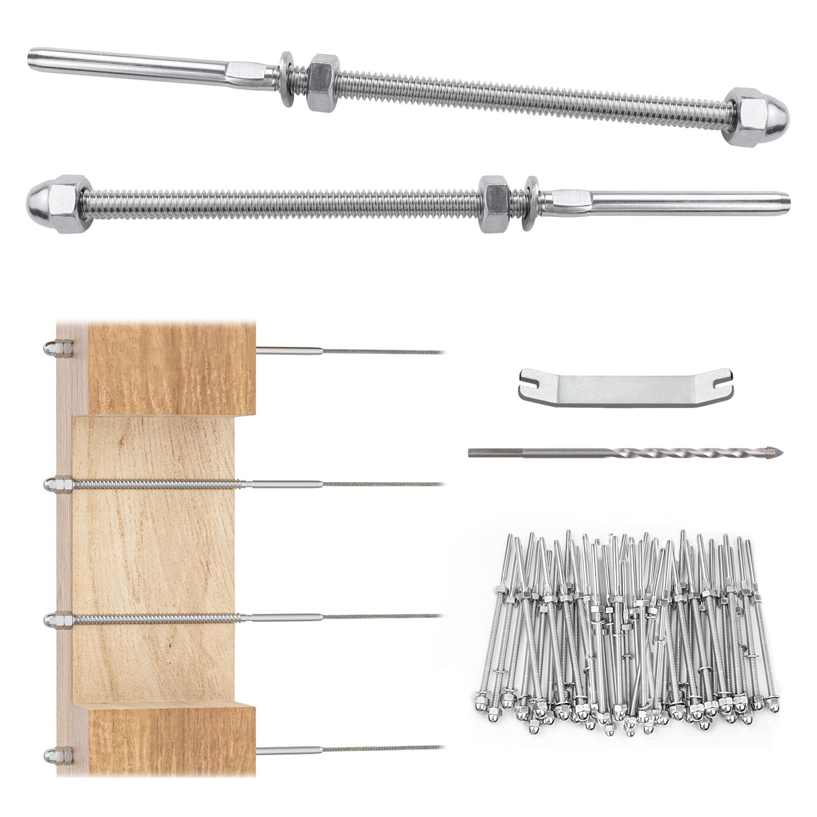 Muzata 60 Pack 1/8" Cable Railing Hardware Kit Hand Swage Threaded Stud Tensioner for 4x4 2x2 Wood Metal Post T316 Stainless Steel Deck Cable Railing System CR39