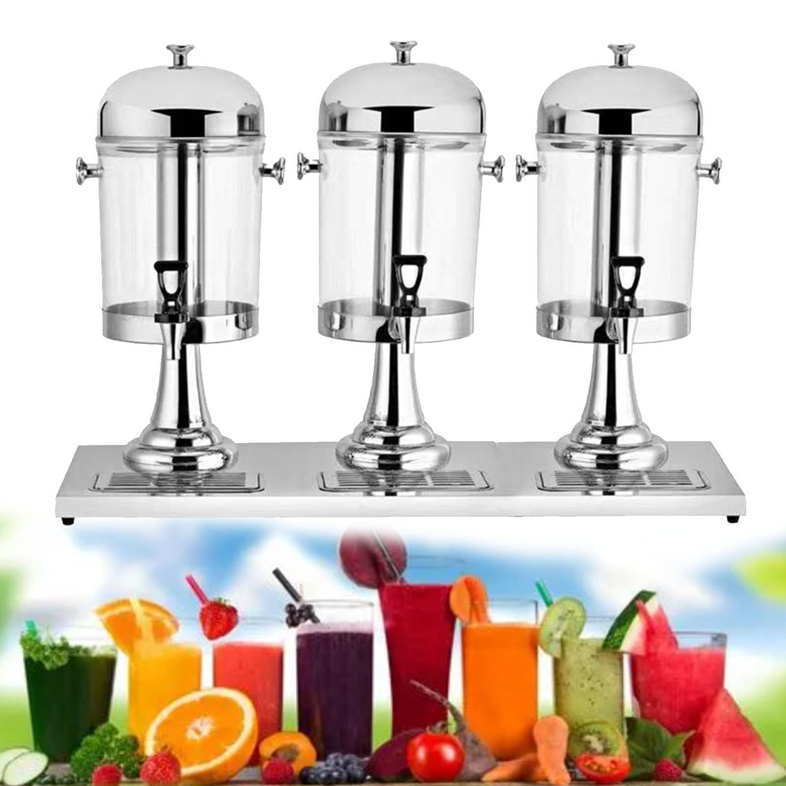MYUYEE Glass Drink Dispenser, Commercial Stainless Steel 24L Beverage Dispenser Tap Ice Chamber 3-Head (Silver)