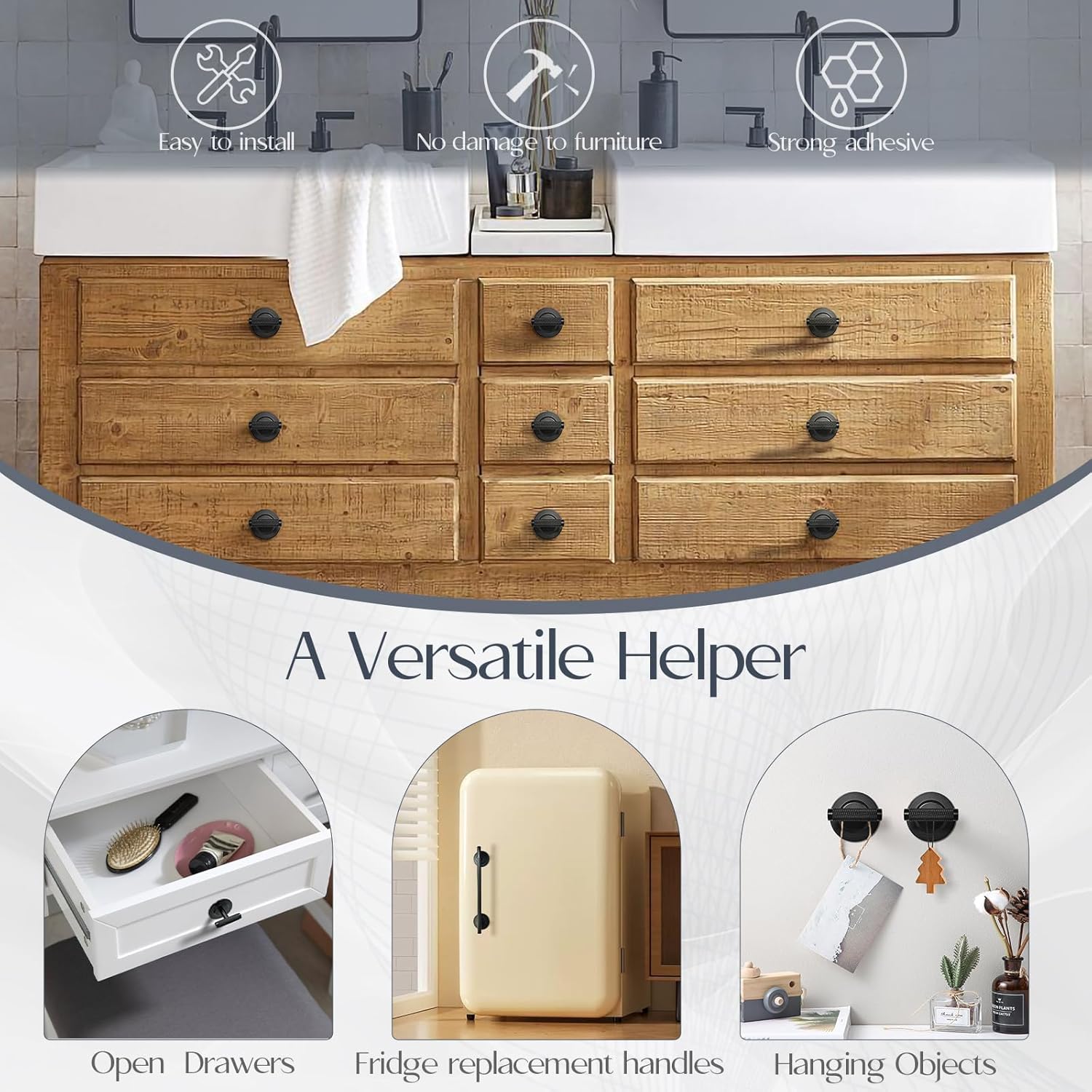 2 Pack Adhesive Knobs Black Stick on Drawer Pulls Peel and Stick Cabinet Handles Screwless Drill Free Hardware Sticky Handle for Sliding Door Wardrobe Dresser Glass Mirror Door
