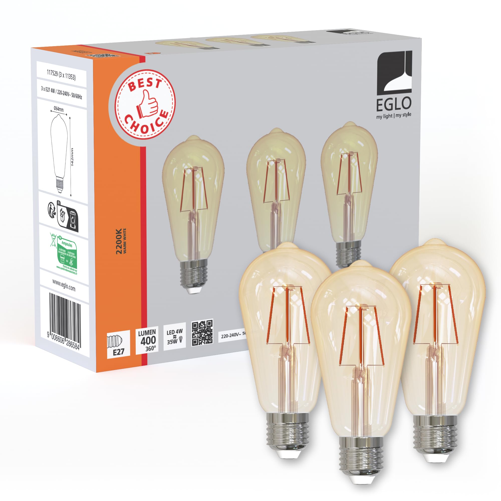Eglo Set of 3 E27 Filament LED Lamps, Edison Vintage Light Bulb Amber, 4 watts (Equivalent to 40 watts), Warm White Lightbulb, 2200 K, ST64, Ø 6.4 cm