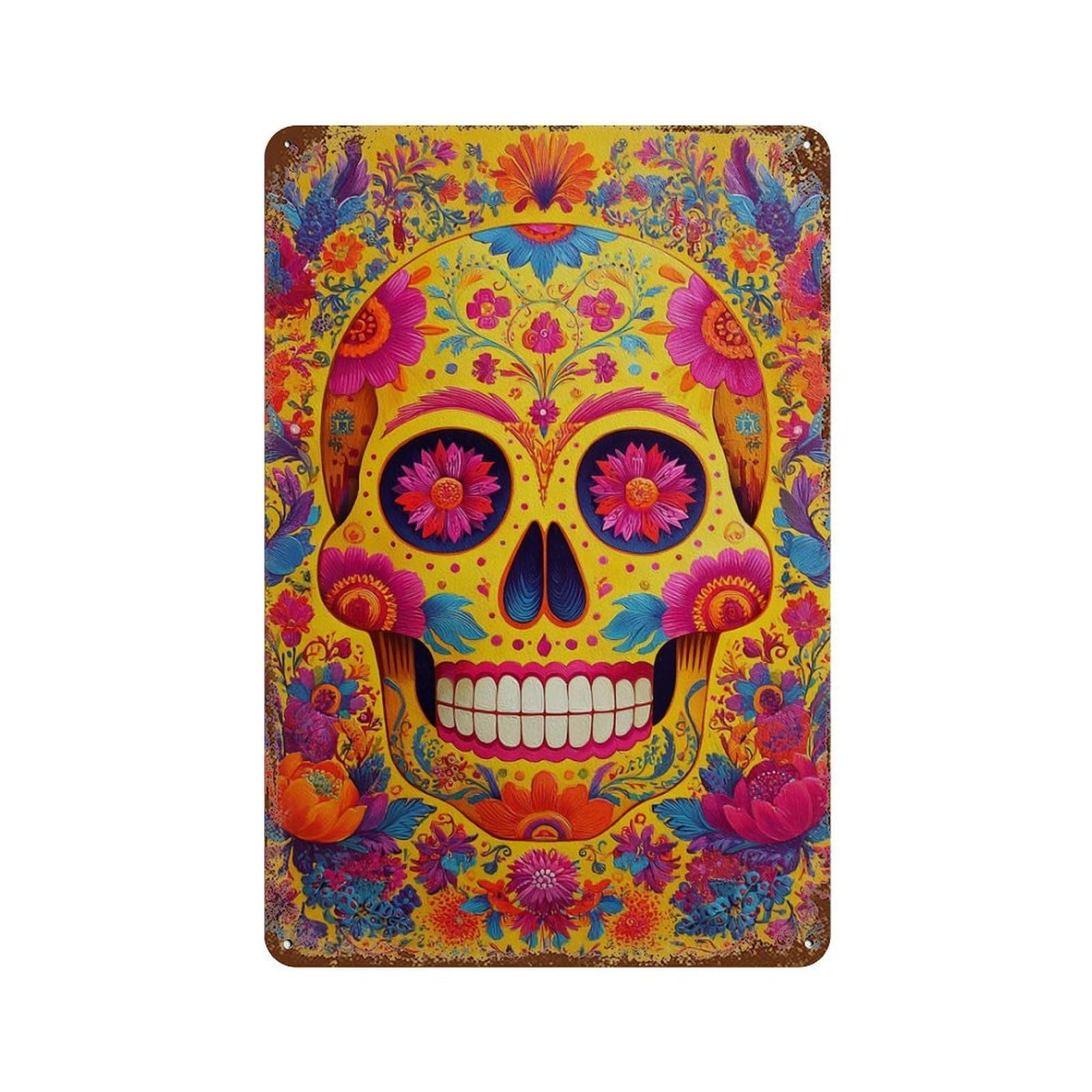 Rust Effect Colorful Sugar Skull Art Print-2 Rusty Metal Tin Sign 11.8"x7.9", Industrial Home Decor for Living Room, Hallway And Home Decor
