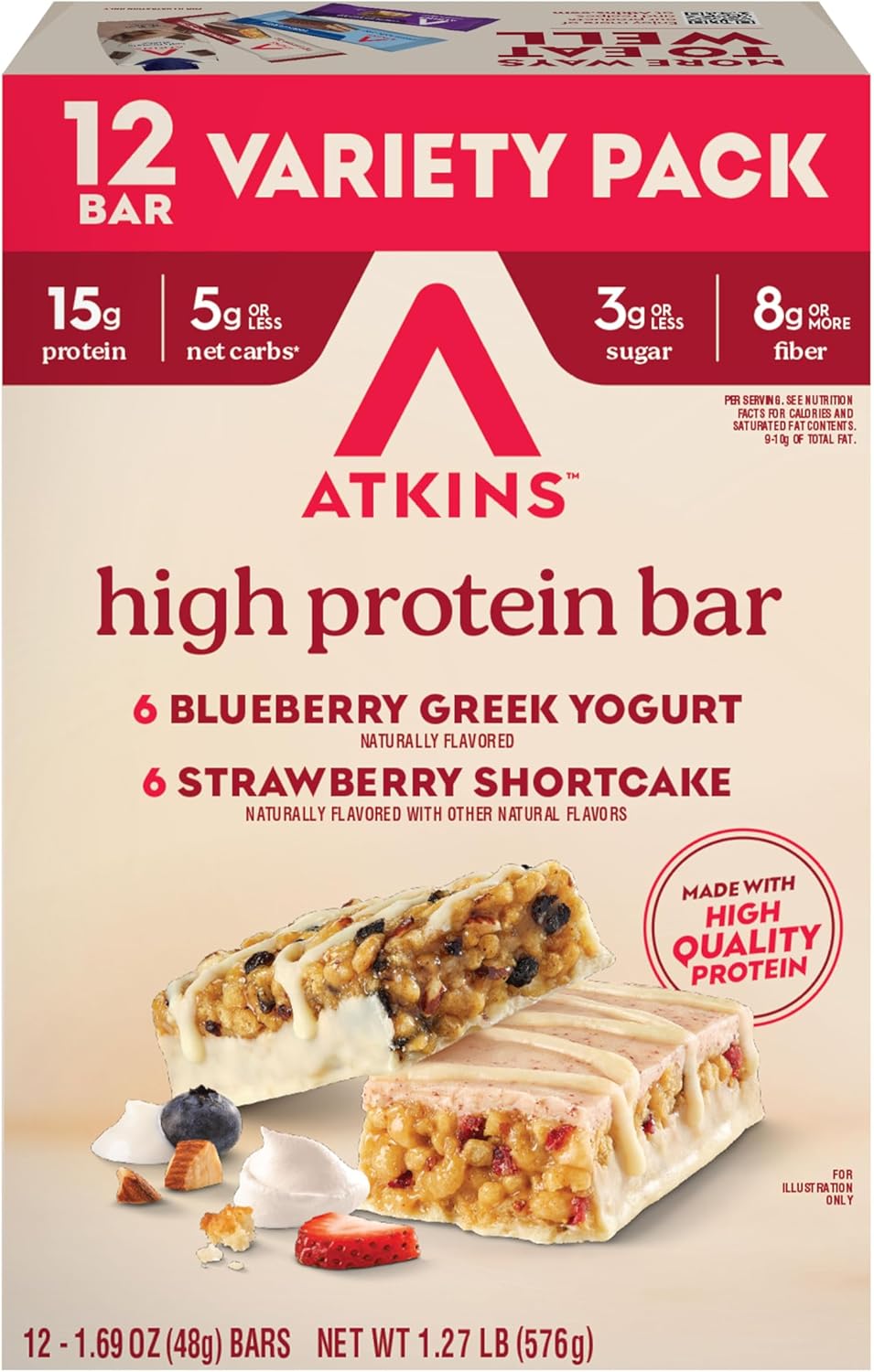Atkins Blueberry Greek Yogurt & Strawberry Shortcake High Protein Bar, High Fiber, Keto Friendly, 12 Count (6 Bars Each Flavor)