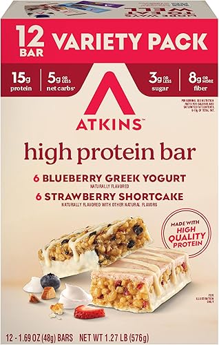 Atkins Barrita de yogur griego de arándanos y fresas con alto contenido de proteínas, alta fibra, apta para dieta cetogénica, 12 unidades (6 barras