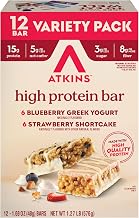 Atkins Blueberry Greek Yogurt & Strawberry Shortcake High Protein Bar, High Fiber, Keto Friendly, 12 Count (6 Bars Each Flavor)