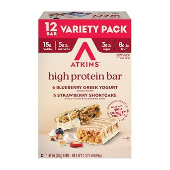 Atkins Blueberry Greek Yogurt & Strawberry Shortcake High Protein Bar, High Fiber, Keto Friendly, 12 Count 6 Bars Each Flavor