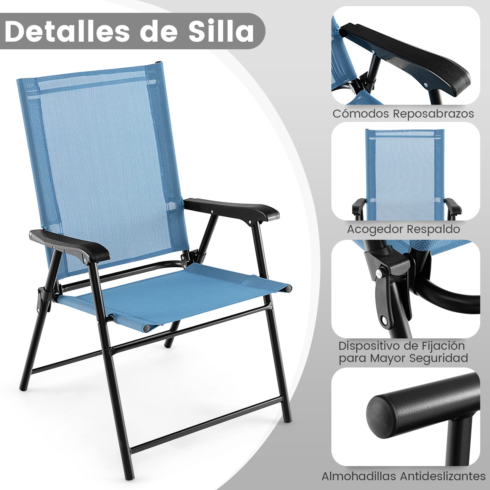 COSTWAY Set de 2 Sillas de Jardin Plegable, Silla Plegable Camping con Respaldo de Tela y Resabrazos, 2 Sillas Terraza Exterior, 65 x 60 x 93 cm, Terraza, Patio Trasero, Piscina Camping (Azul)