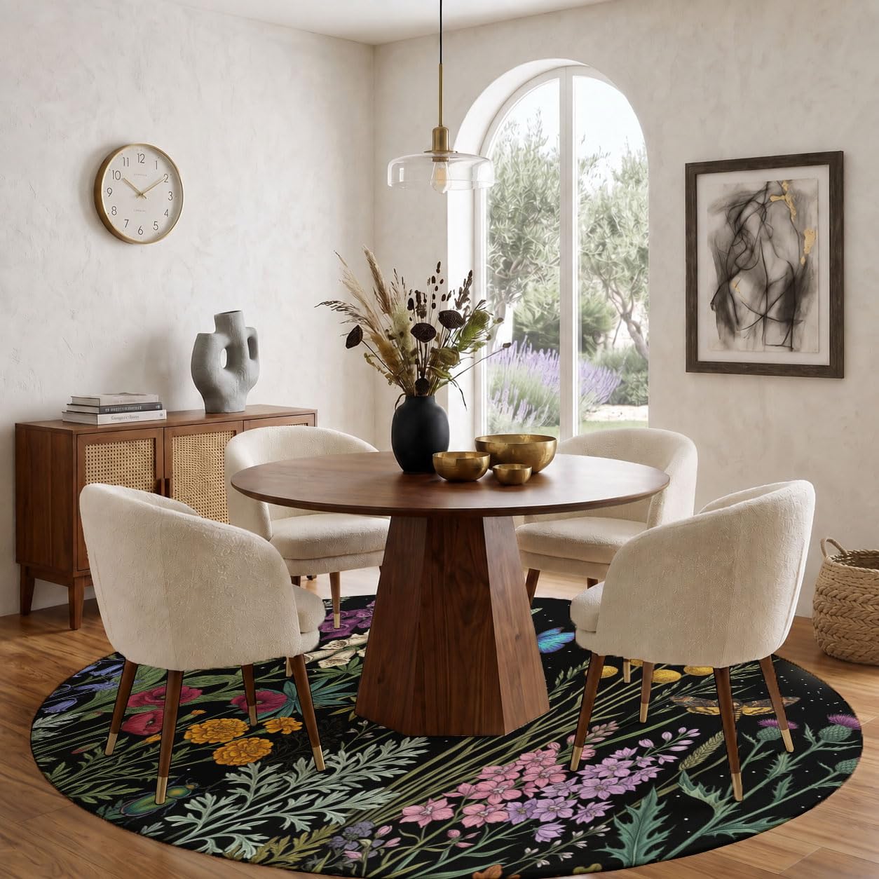 Tapis Rond Fleurs Sauvages De Pleine Lune 100 cm Lavable Machine