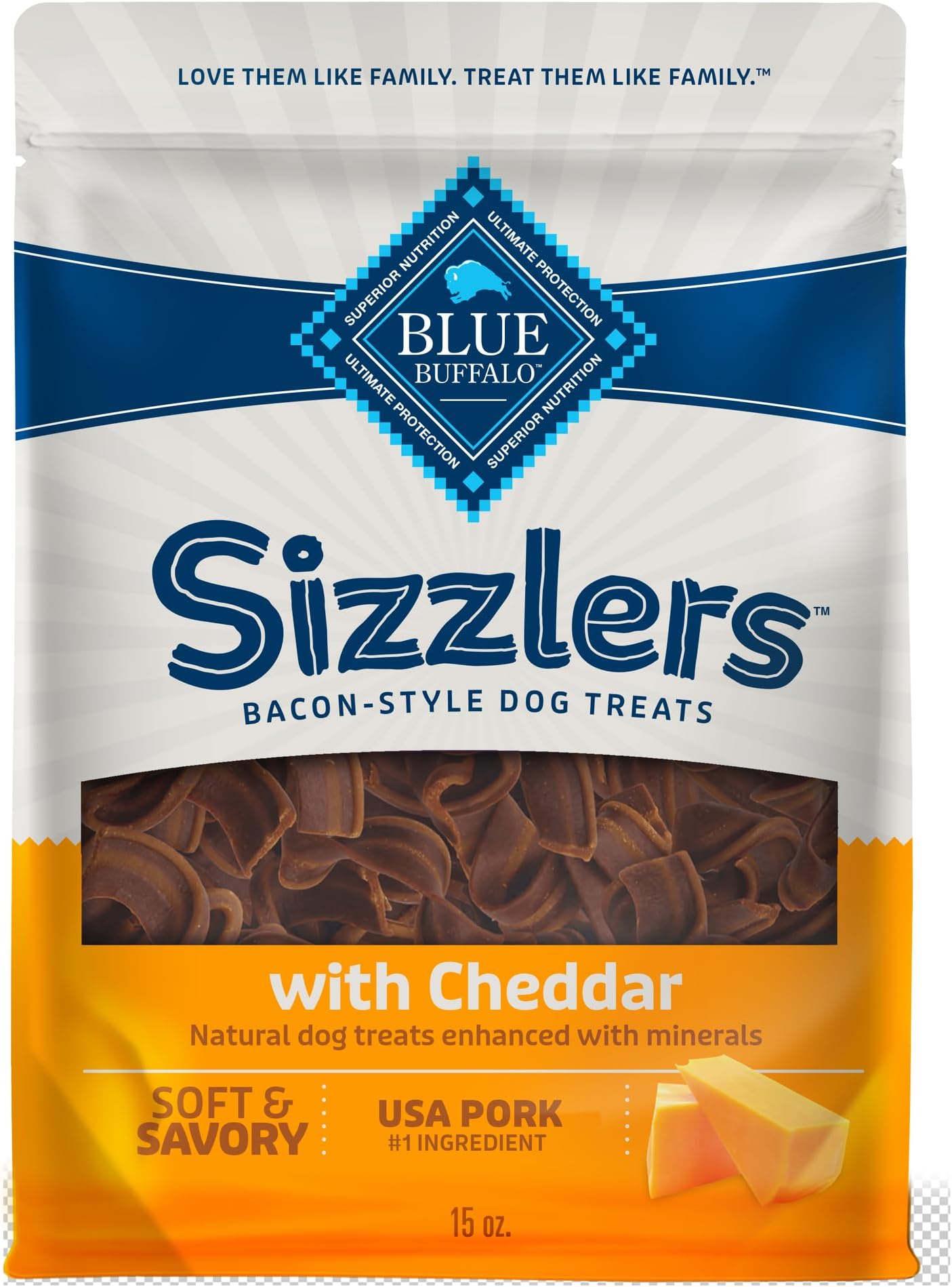 Sizzlers Bacon-Style Dog Treats with Real USA Pork, Cheddar Flavor, 15-oz Bag