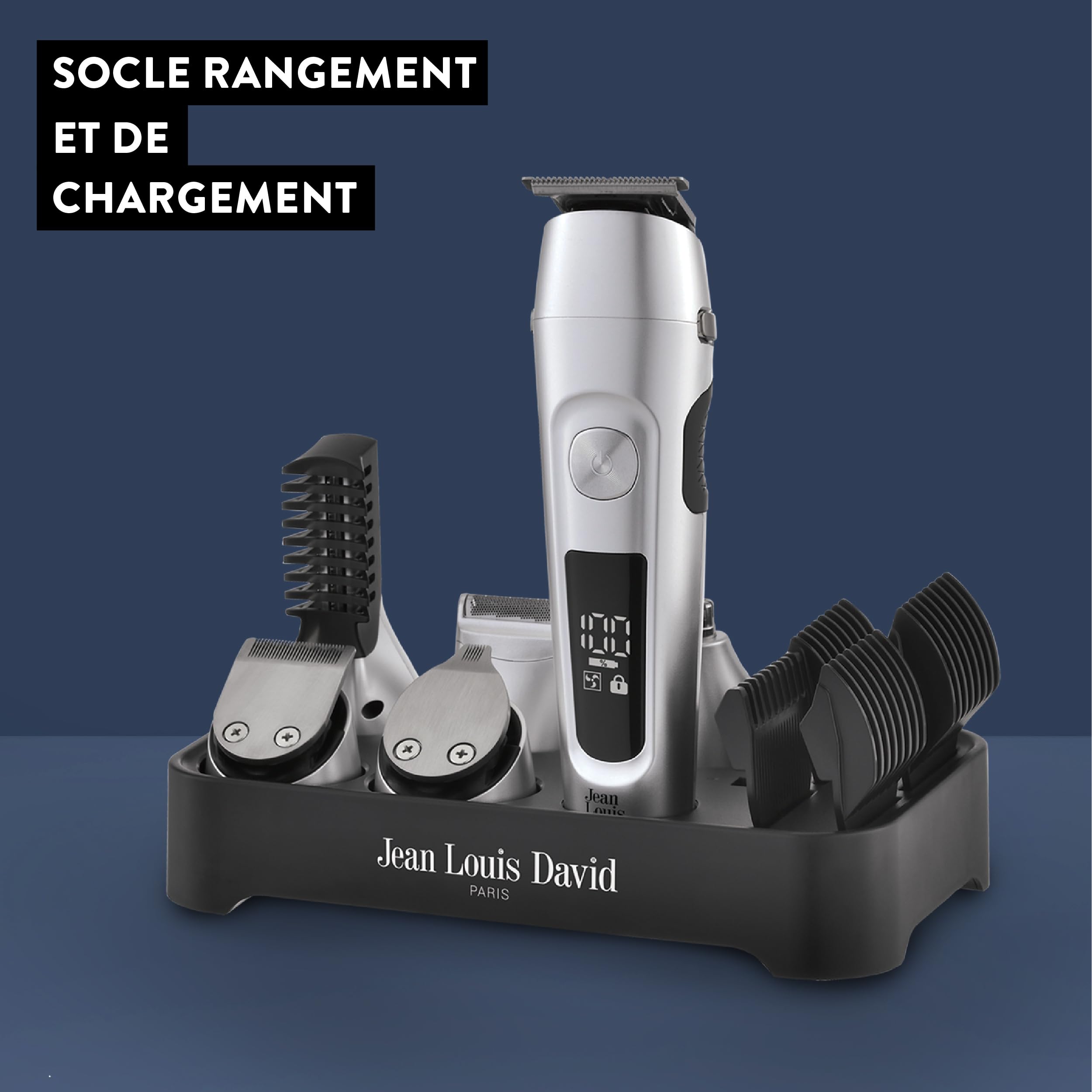 Jean Louis David Bartpflege-Set für Herren, 6-in-1 – Haarschneider, Bart, Nase, Ohren, Körper – Klingen aus Edelstahl – Lithium-Ionen-Akku – Sockel zur Aufbewahrung, USB-Ladegerät – Multifunktionsset