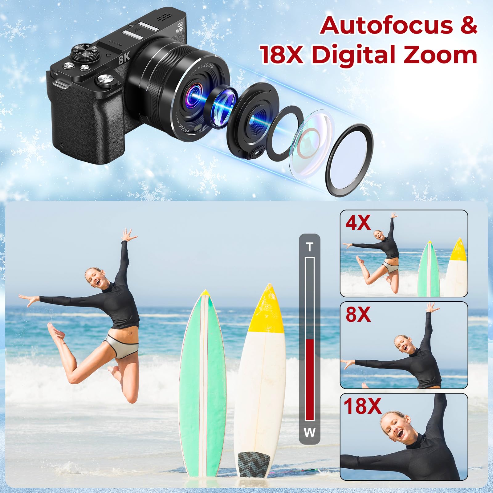 Fotocamera digitale 8K – Telecamera WiFi per fotografia 88MP – Autofocus Vlogging Camera per YouTube – Videocamera UHD per fotografi principianti con schermo flip da 3 pollici 180°, zoom 18x, paraluce