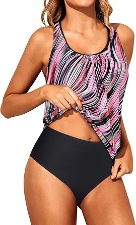 Yonique Women Two Piece Tankini Blouson Swimsuit Bathing Suits Racerback Swim Tank Tops with Bottoms Tummy Control Swimwear