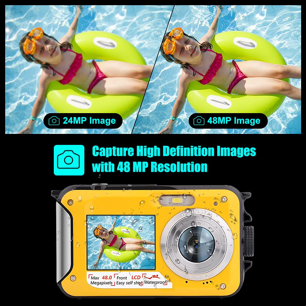 Camara Acuatica, Camara Sumergibles Full HD 2.7K 48MP Camara de Fotos Acuatica con Pantalla Dual, Zoom Digital 16X y Autodisparador