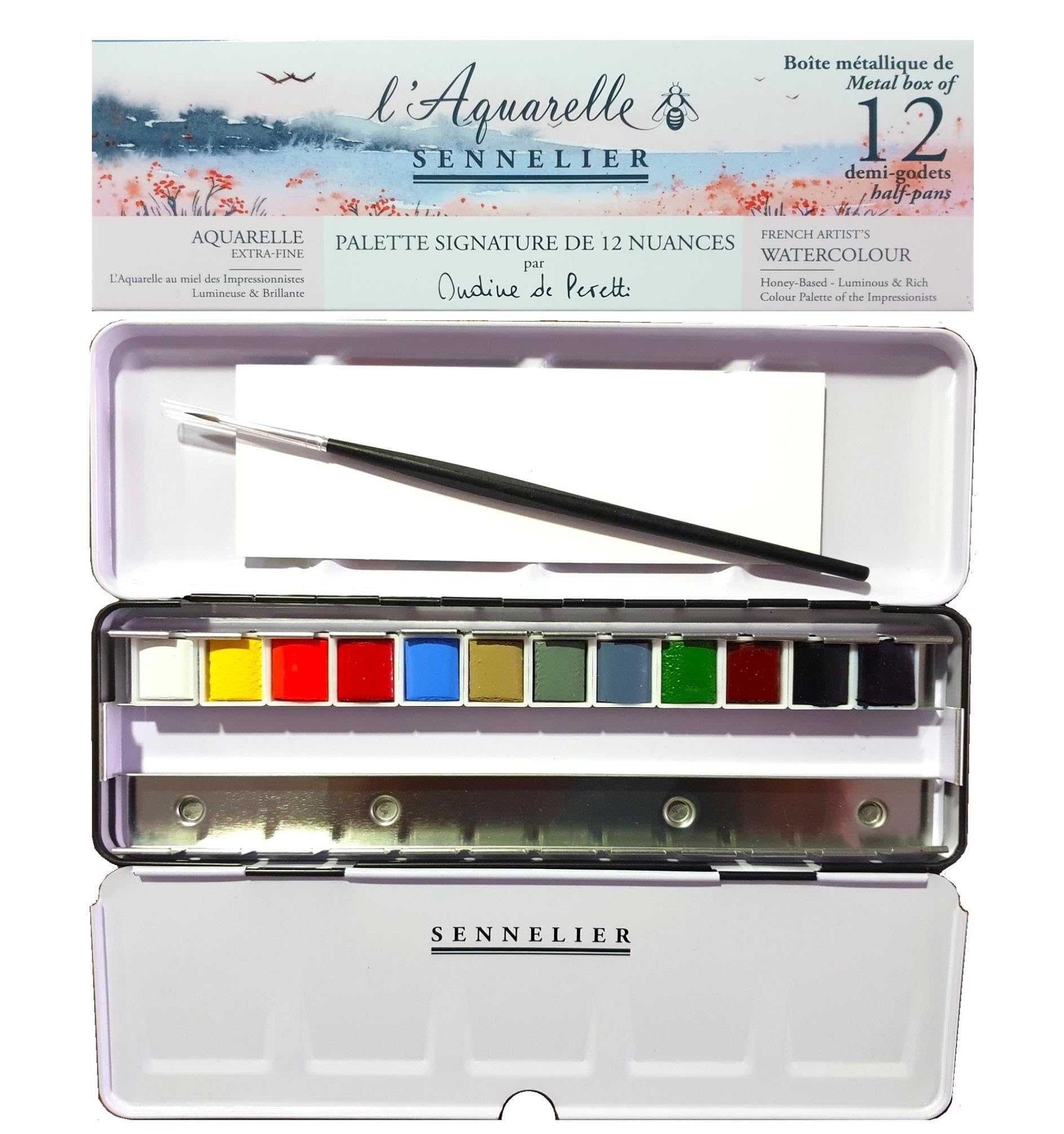 Sennelier - Caja de pintura de acuarela extrfina, juego Ondine de Peretti 12 medias cucharones + Pincel y 1 tarjeta