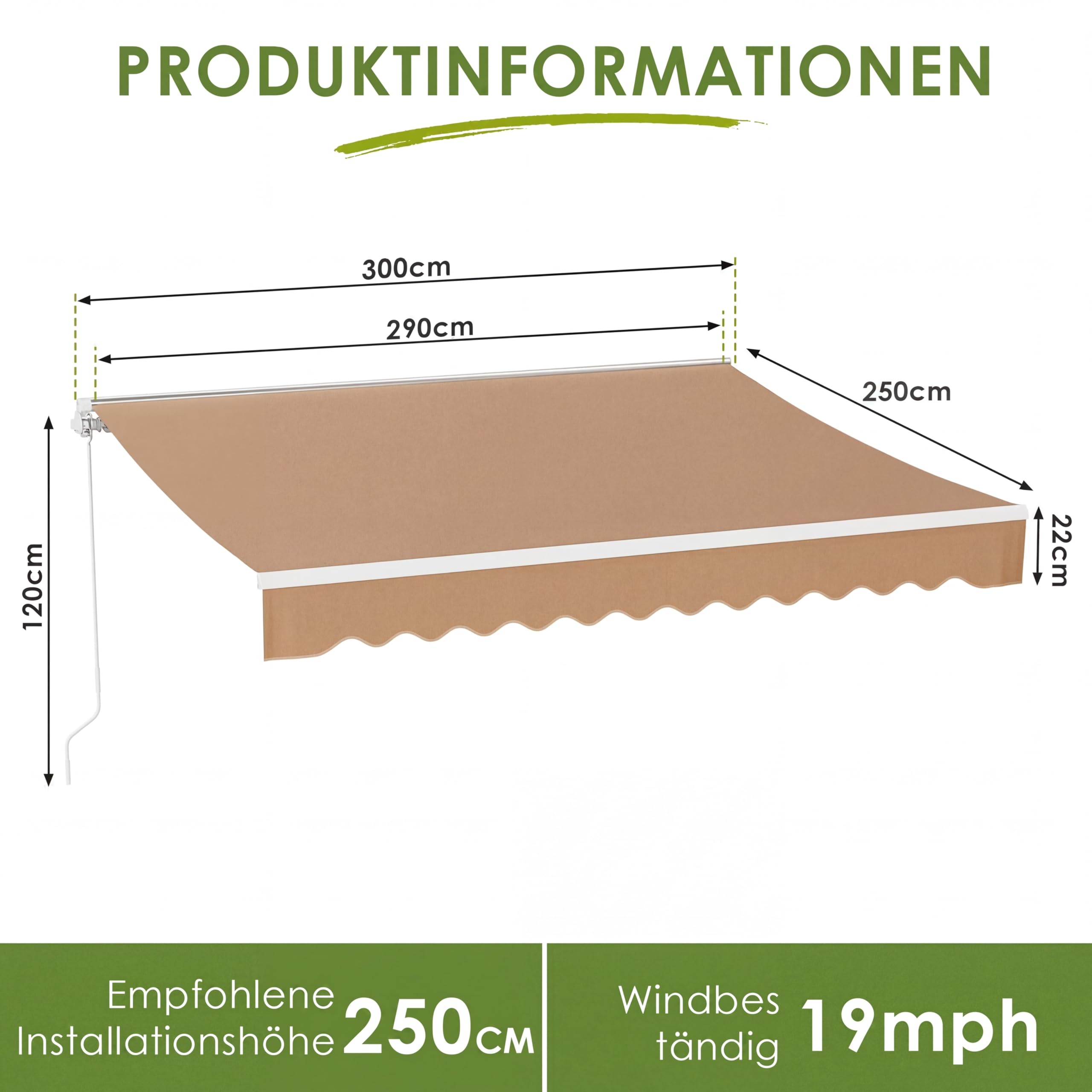 Auvent Manuel Rétractable pour Bras Articulés, 300 x 250 cm, Store Articulé, avec Support Mural, Manivelle, Imperméable, AluminiumPolyester, pour Extérieur, Terrasse, Balcon, Kaki