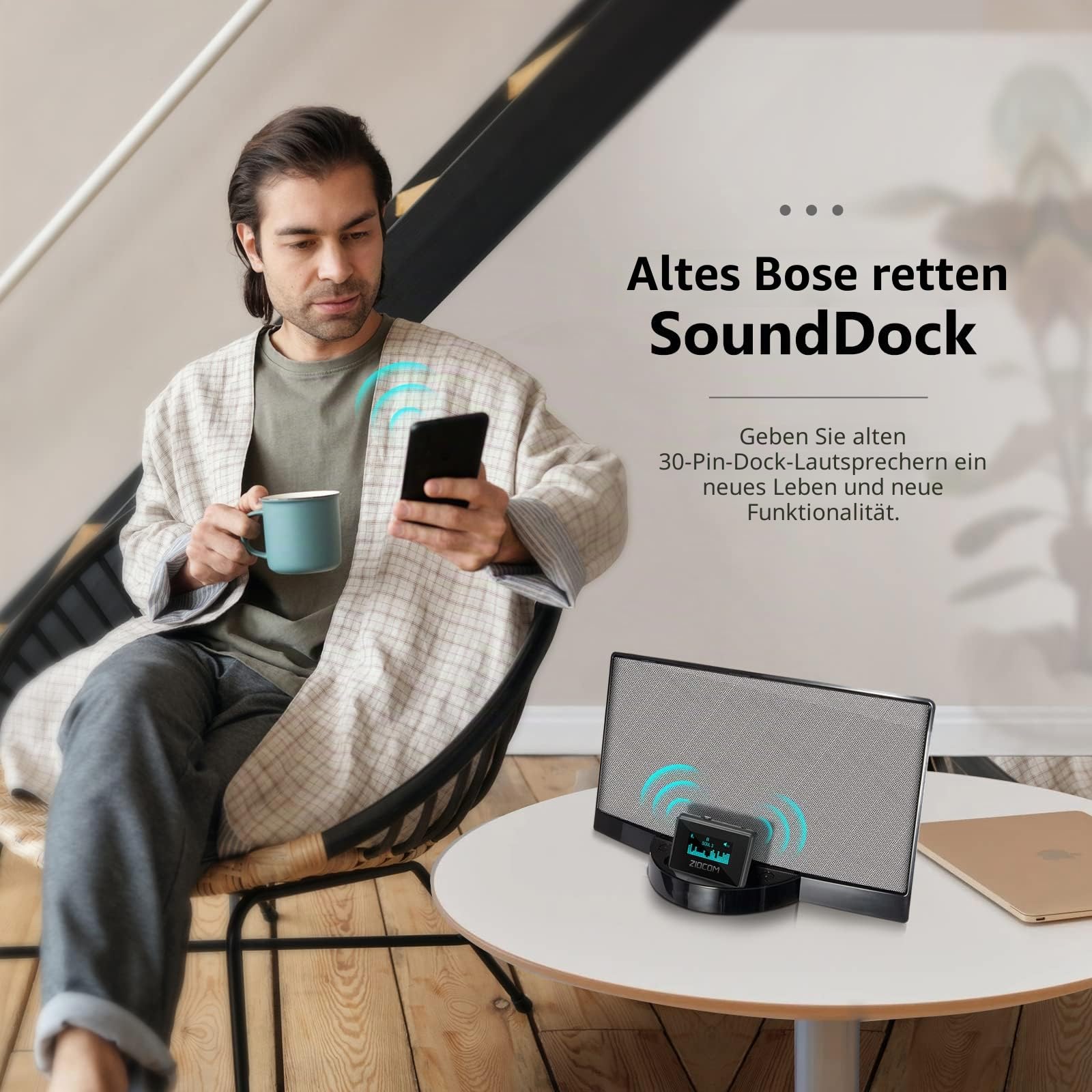 ZIOCOM 30 pin Bluetooth Adapter Empfänger für iPod Bose SoundDock und andere 30-polige Docking-Lautsprecher, mit einzigartigem Bildschirm und eingebauter Batterie (Nicht für Autos)