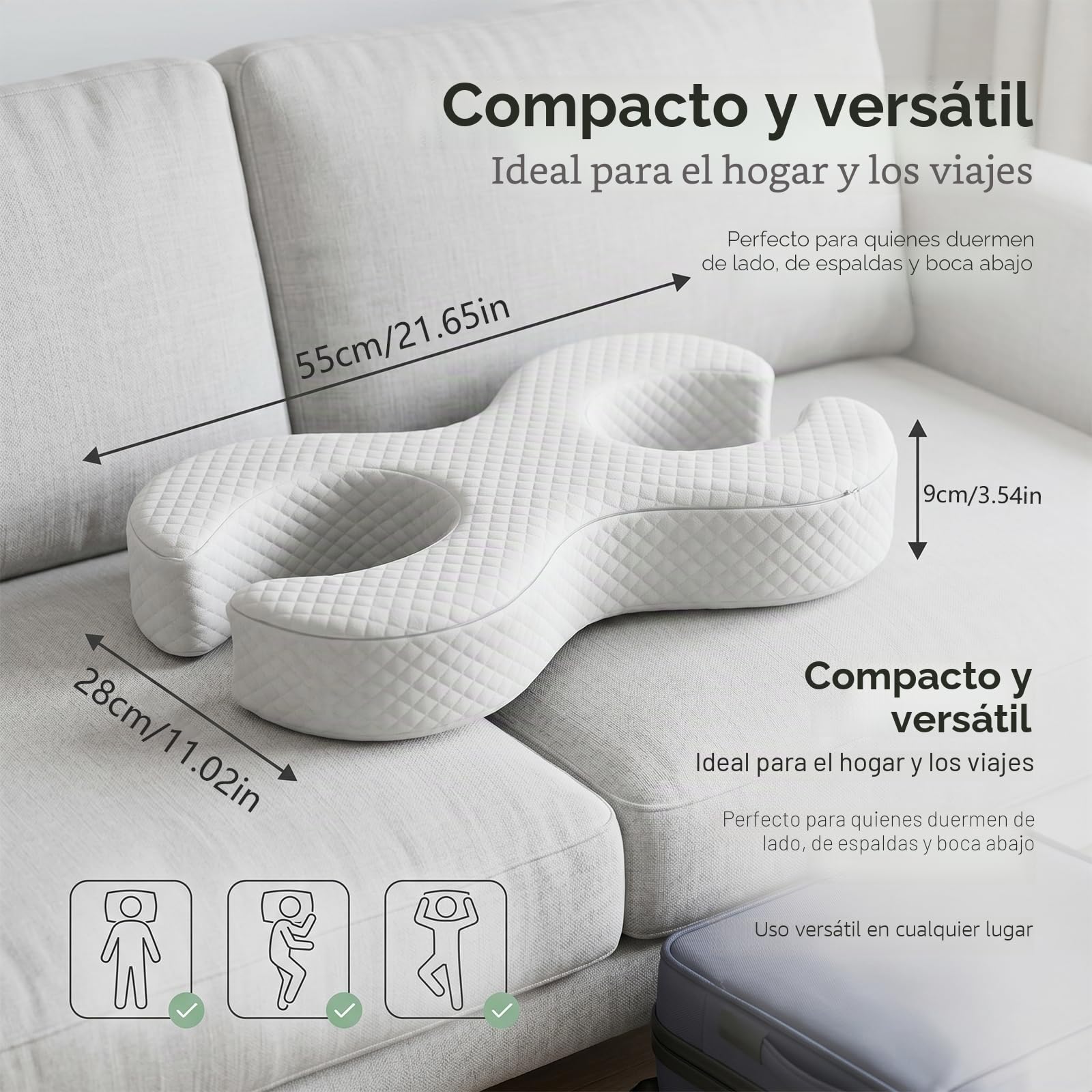 Almohada Viscoelástica Antiarrugas, Almohada Ergonómica para Dormir de Lado, Espalda y Estómago, Almohada Cervical con Diseño en U de Espuma Viscoelástica, 55x27x9cm