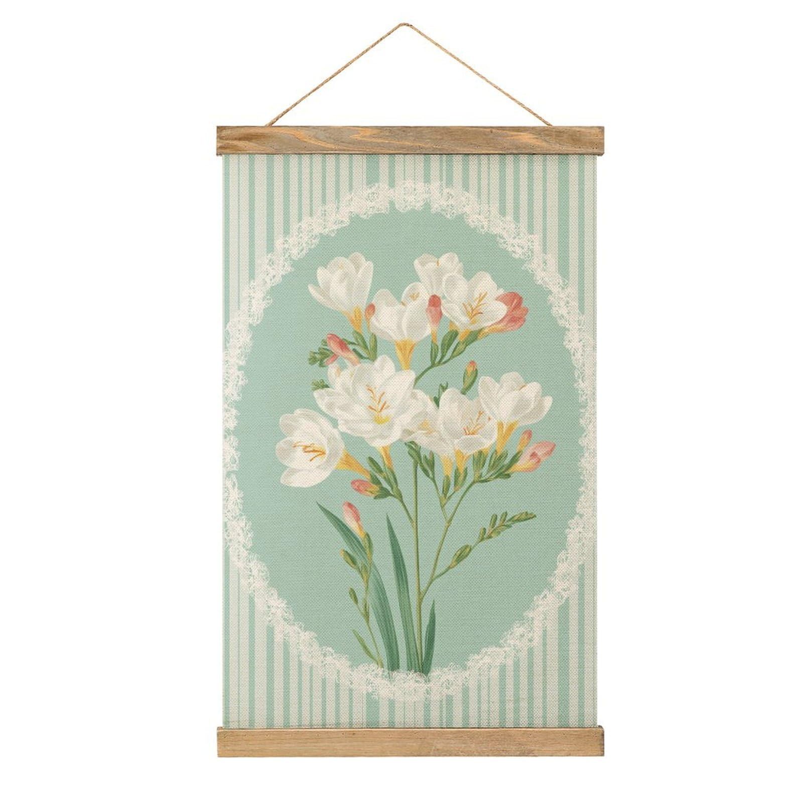 Jubonexis Pastel Mint And White Striped Flowers Canvas Painting Wood Frames Poster Hanger Hanging Picture Kit Wall Art