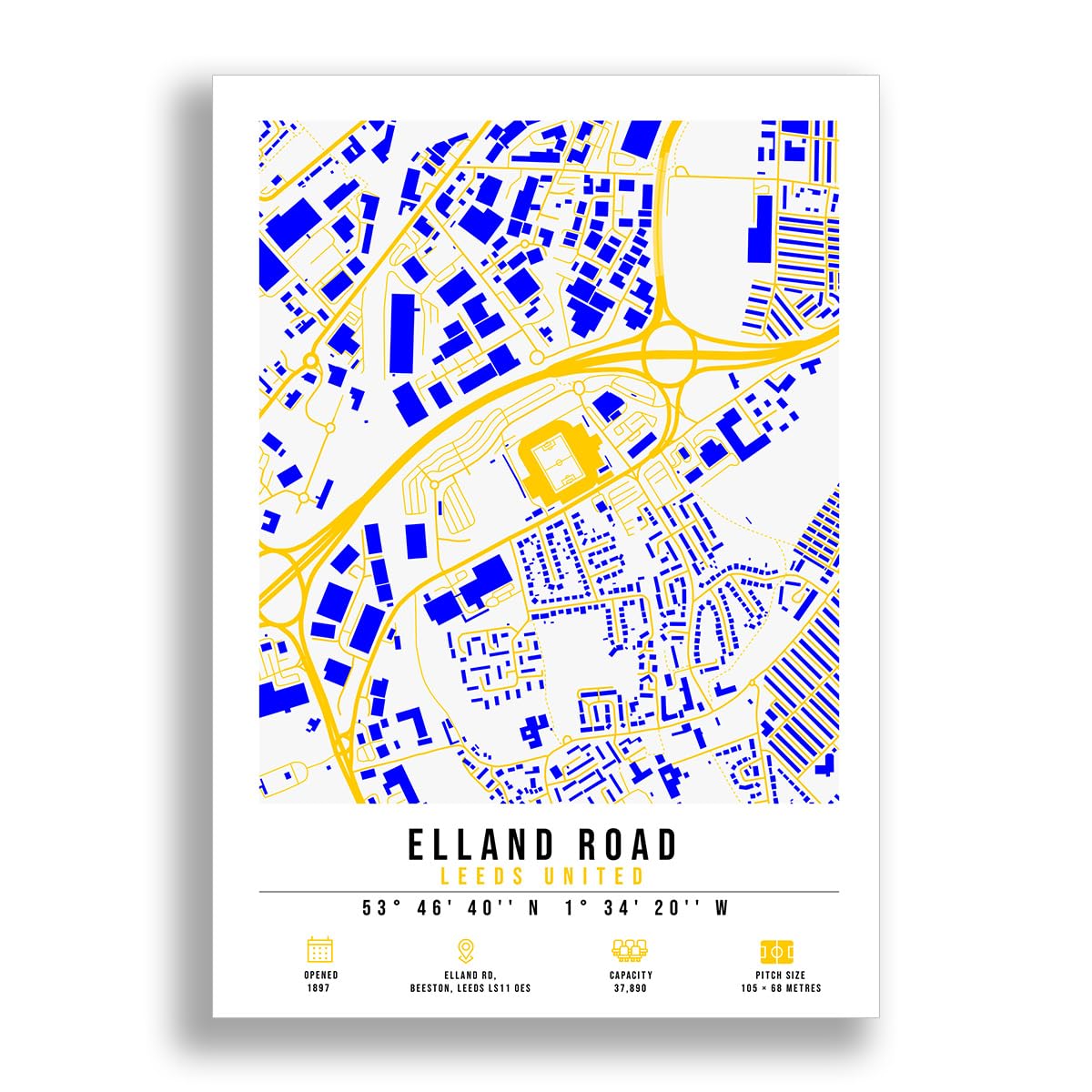 Mounted Gifts Trading Elland Road Stadium Map Minimalist A4/A3 Poster Photo Print Framed Gift Leeds United (A4 Poster Only)