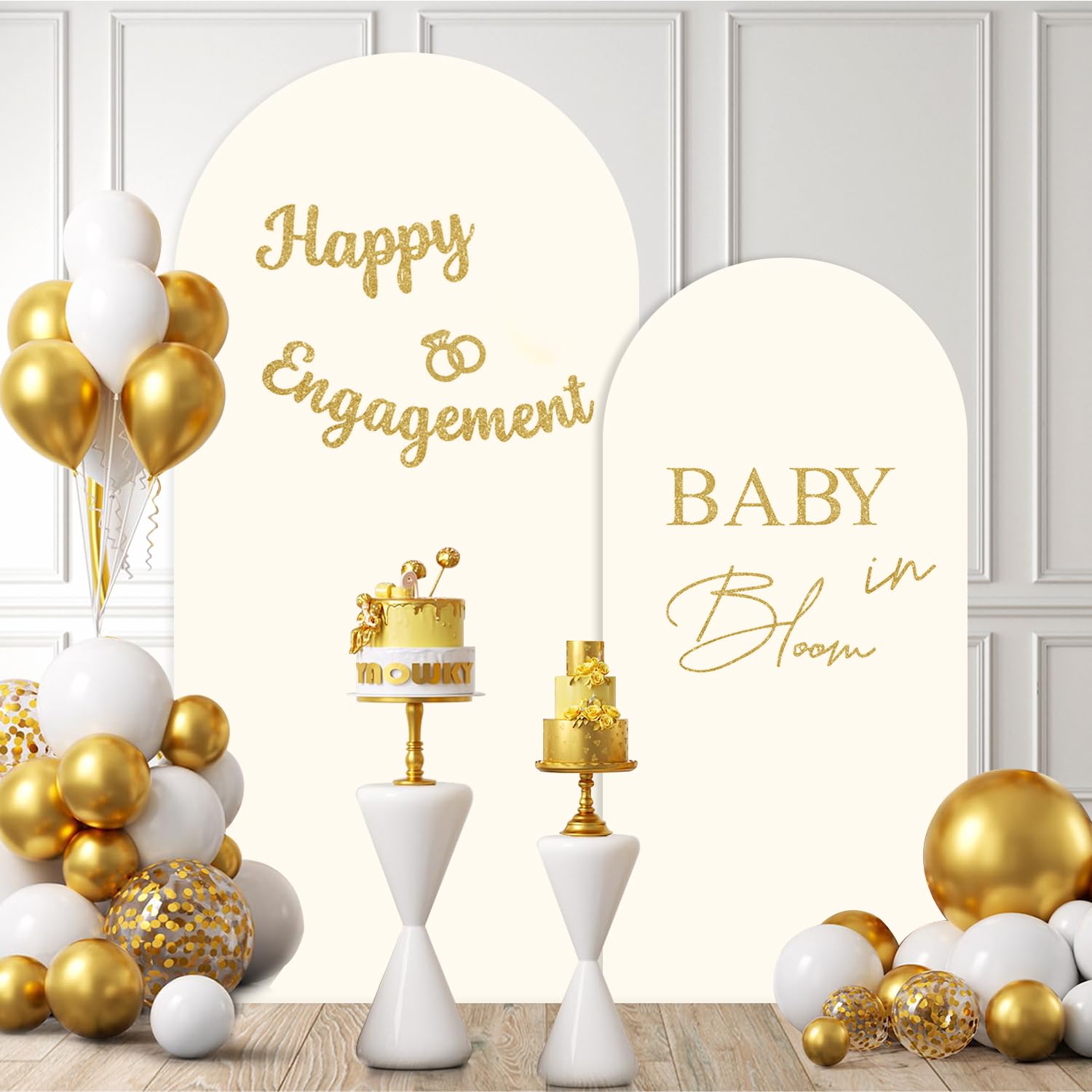 Newleafly Set of 2 Arch Backdrop Cover 7.2FT, 6FT Beige and Baby in Bloom and Happy Engagement Decal Sign - Adjustable Wedding Arch Cover Spandex for