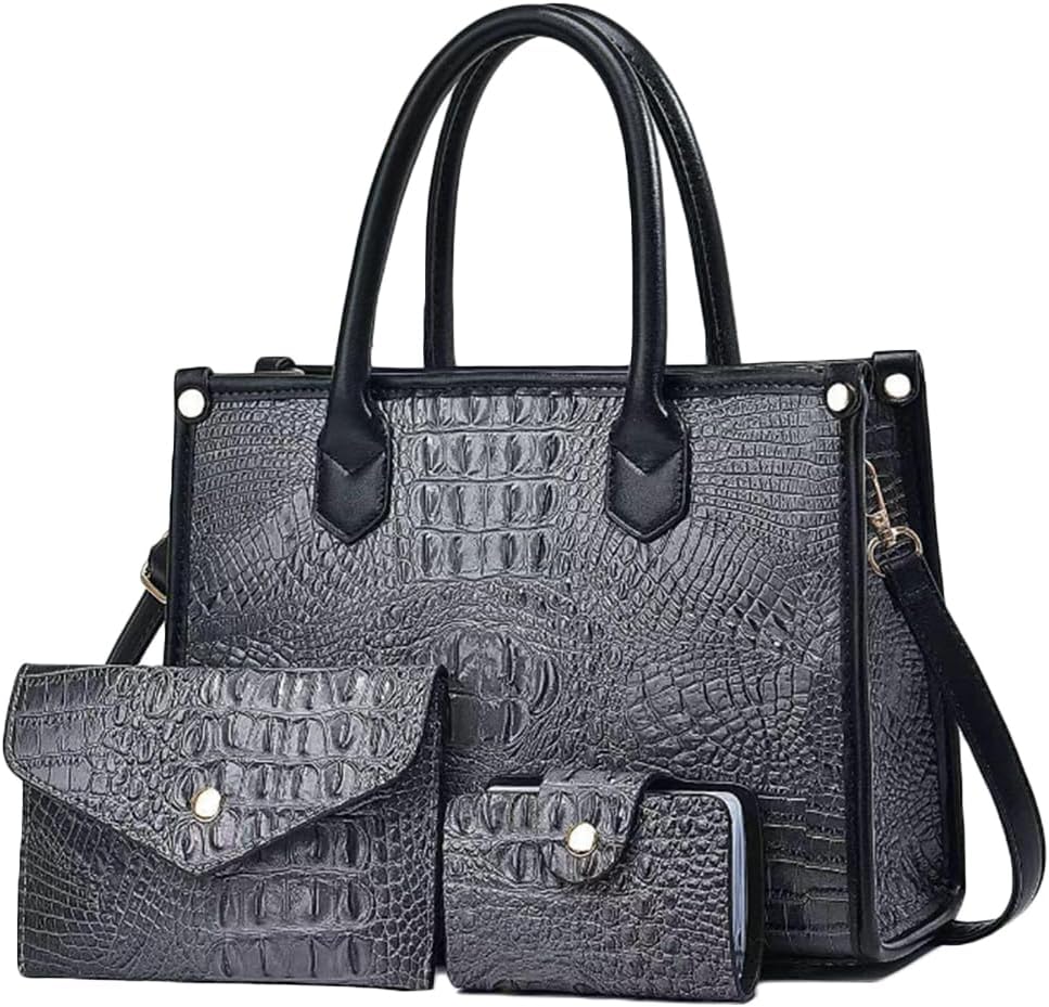 Women 3pcs Handbag and Purse Crocodile Pattern Totes Satchel Clutch Wallet Card Holder