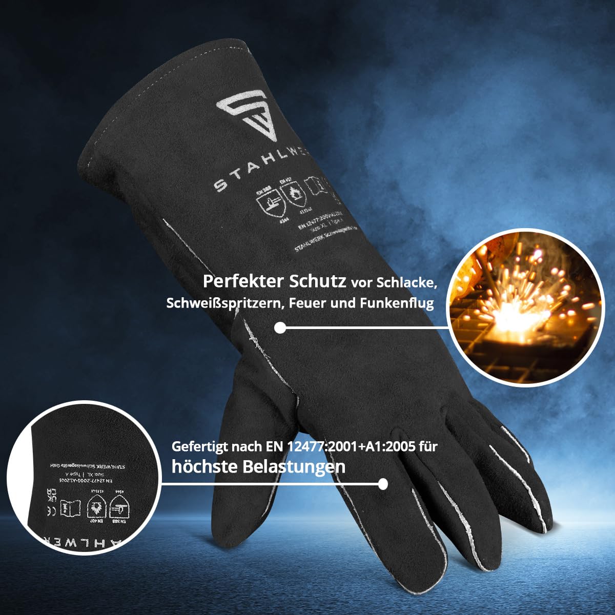 STAHLWERK guantes de soldadura guantes de protección térmica extra robustos | guantes de trabajo | guantes de soldadura | guantes resistentes al calor de serraje para soldadura