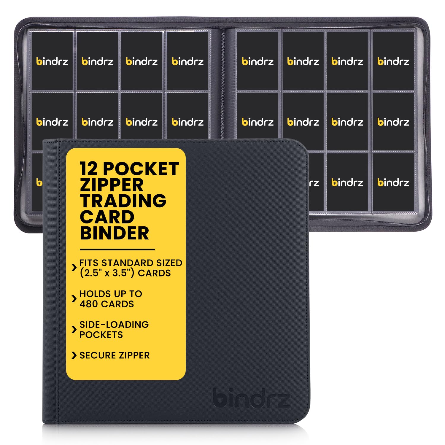 bindrz Carpeta con cremallera de 12 bolsillos para 480 tarjetas coleccionables con funda (negro) | Álbum de bolsillos laterales de carga, material seguro para archivar, compatible con TCG MTG y coleccionables deportivos