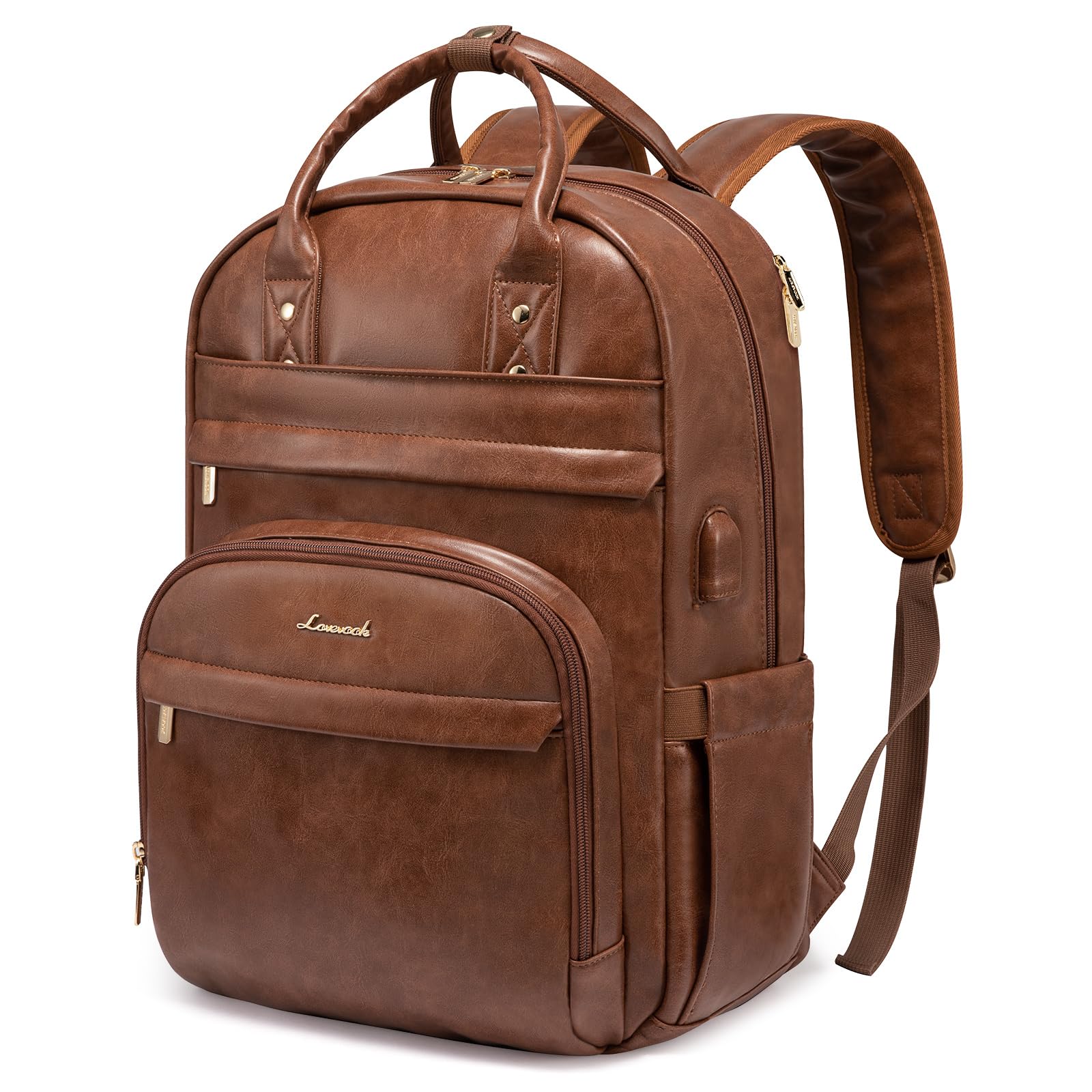 LOVEVOOK Laptop Backpack for Women,15.6 inch Vintage PU Work Backpack Purse with USB Charging Port,Fashion Travel Backpack Waterproof Teacher Backpack for Business College PU Brown