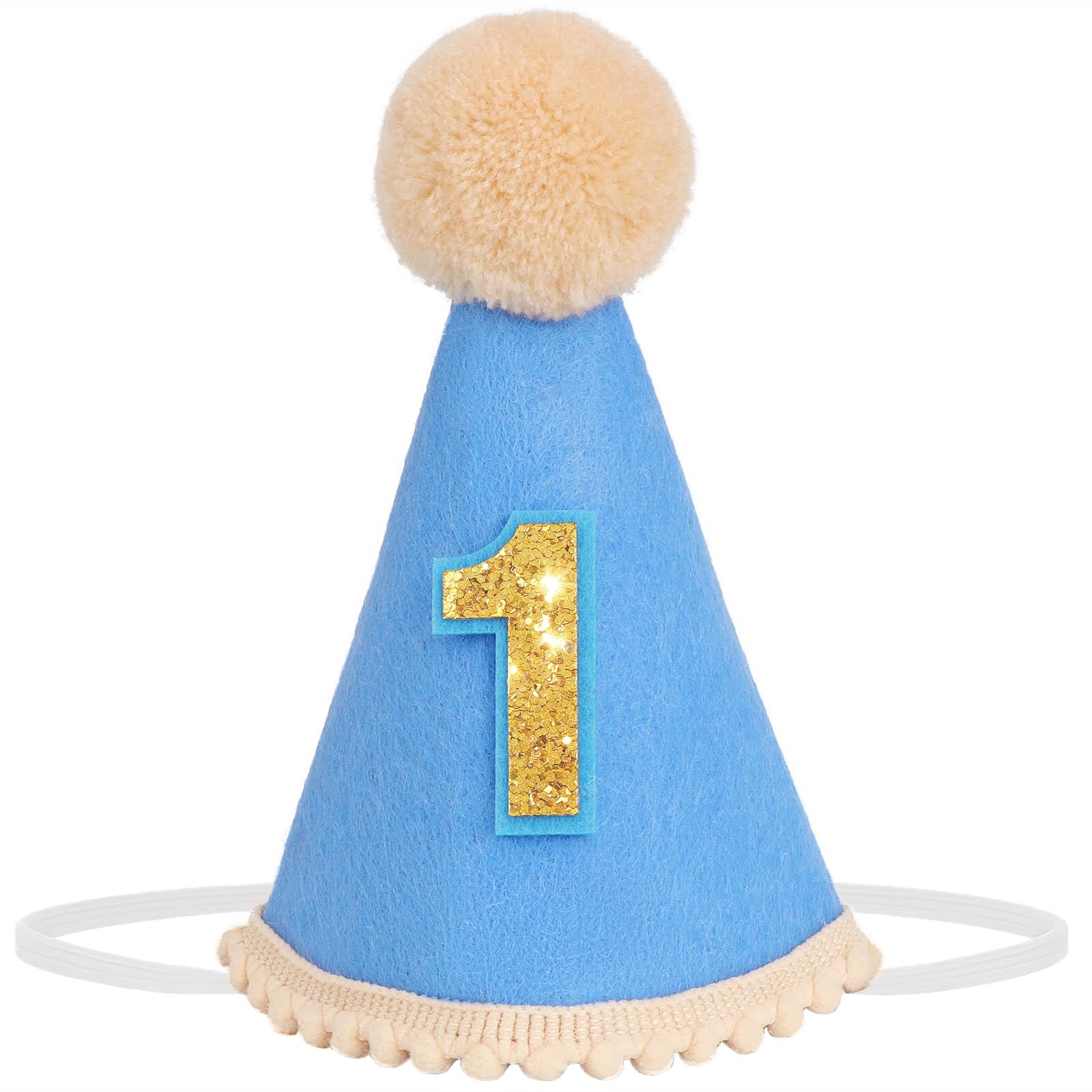 DRESHOW 1st Birthday Baby Party Hat First Birthday Cone Party Hats with Pom Poms Cake Smash Photo Props Headwear Decor for Girls Boys