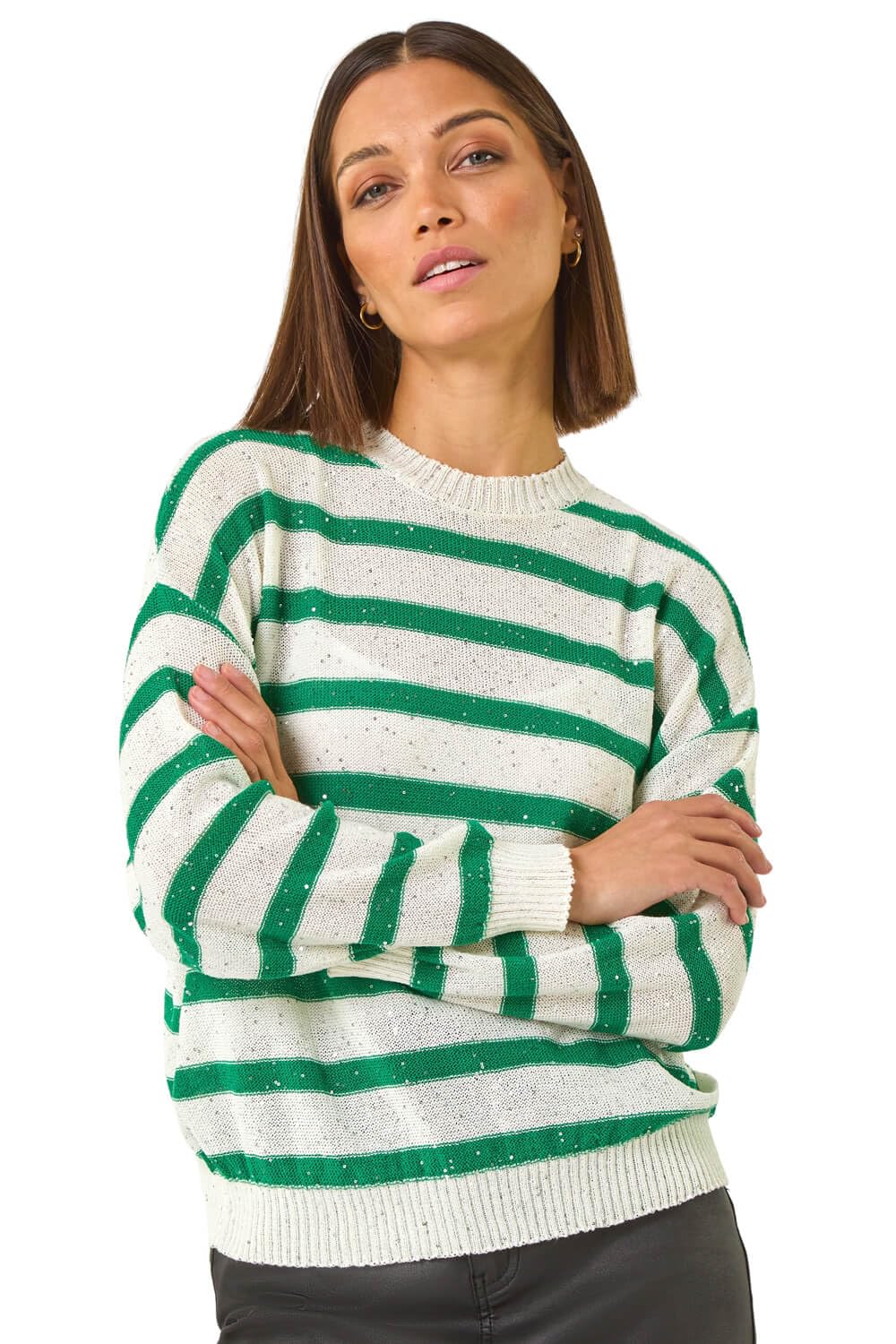 Roman Striped Sequin Knit Jumper for Women UK - Ladies Autumn Everyday Winter Holiday Round Neckline Comfy Long Sleeve Soft Warm Feel Top Office Desk Sweaters - Green - Size 14