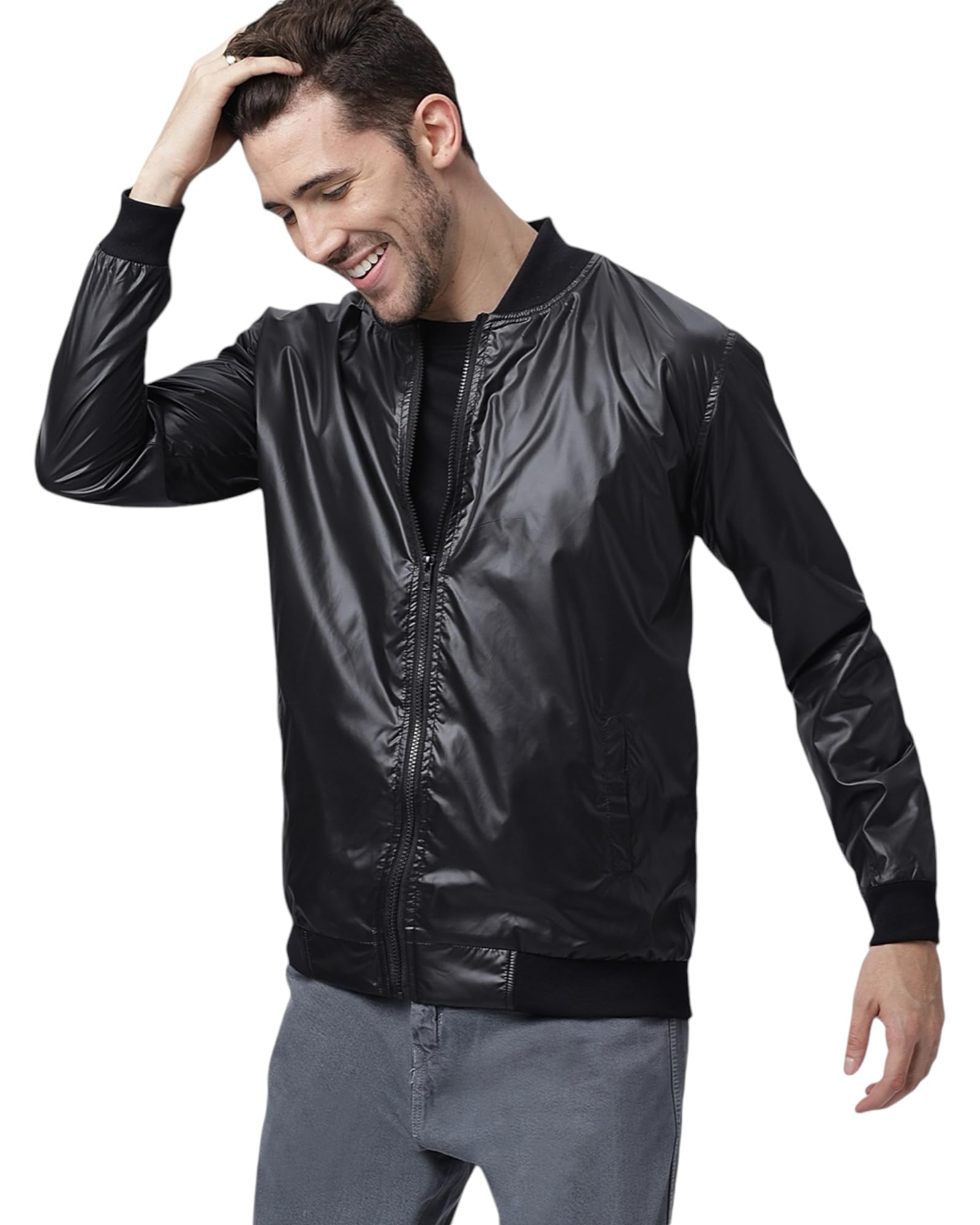 Long Sleeves Bomber Jacket Wind Proof Winter Wear Varsity Black Zipper Jacket for Men's-image-25