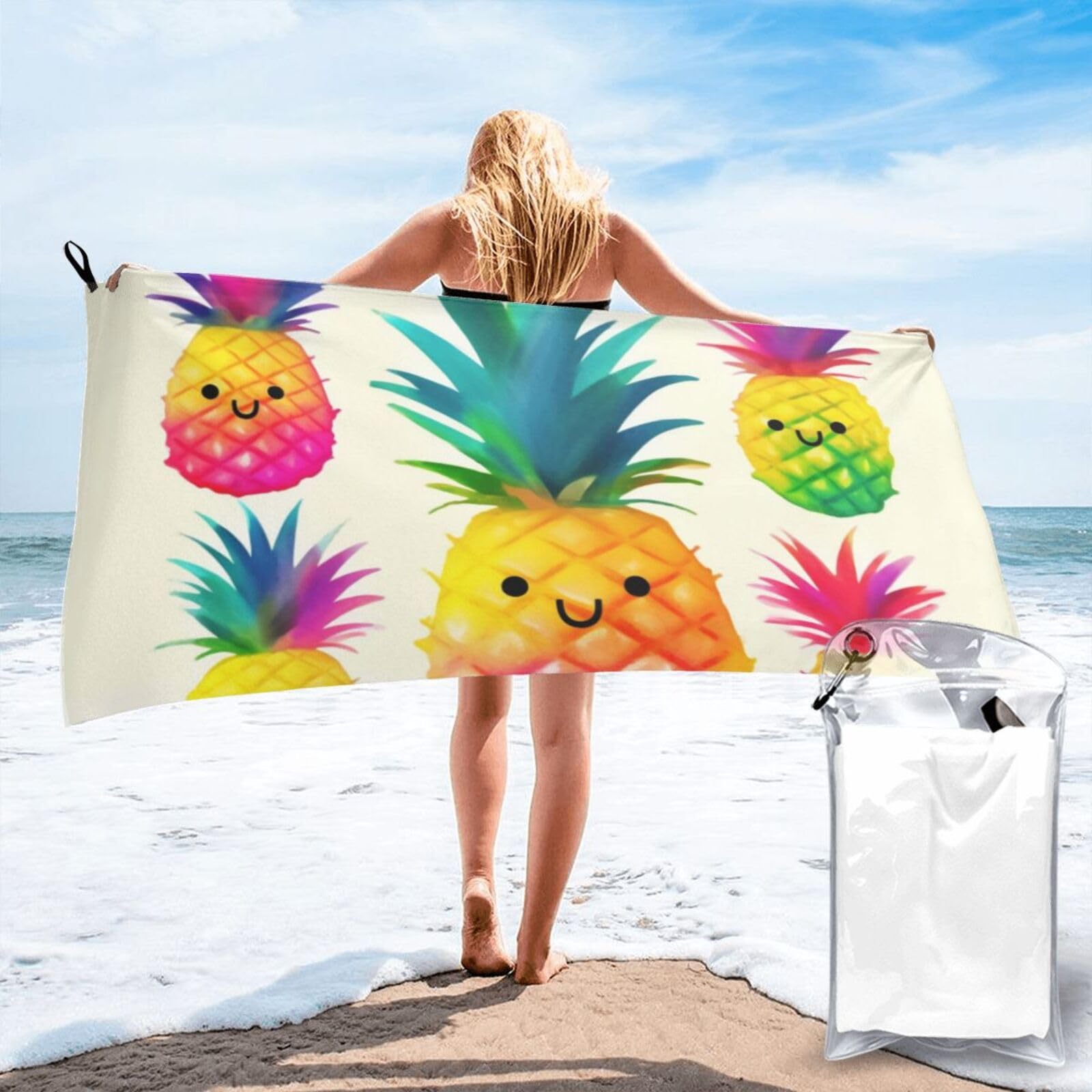 DWVTSLH Microfiber Sand Free Beach Towel 27.5"x55", Quick Dry Absorbent Travel Towel Large Camping Blanket, Rainbow Pineapple Cartoon Bath Towels Lightweight Pool Swim Towels for Vacation Essentials