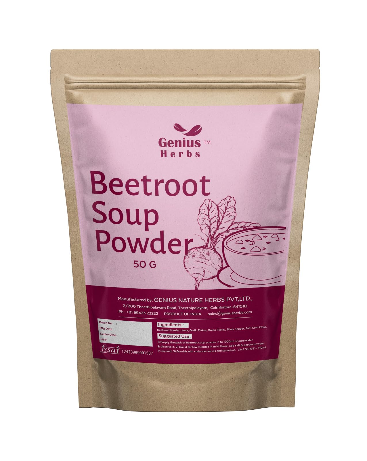 Genius Herbs Beetroot Soup Powder - 50gms | Supports Heart Health | Boosts Energy | Supports Detoxification | Potential Cognitive Benefits | Antioxidant Properties | Pack of 1 (B0DCNJGWQK) Amazon Price History, Amazon Price Tracker