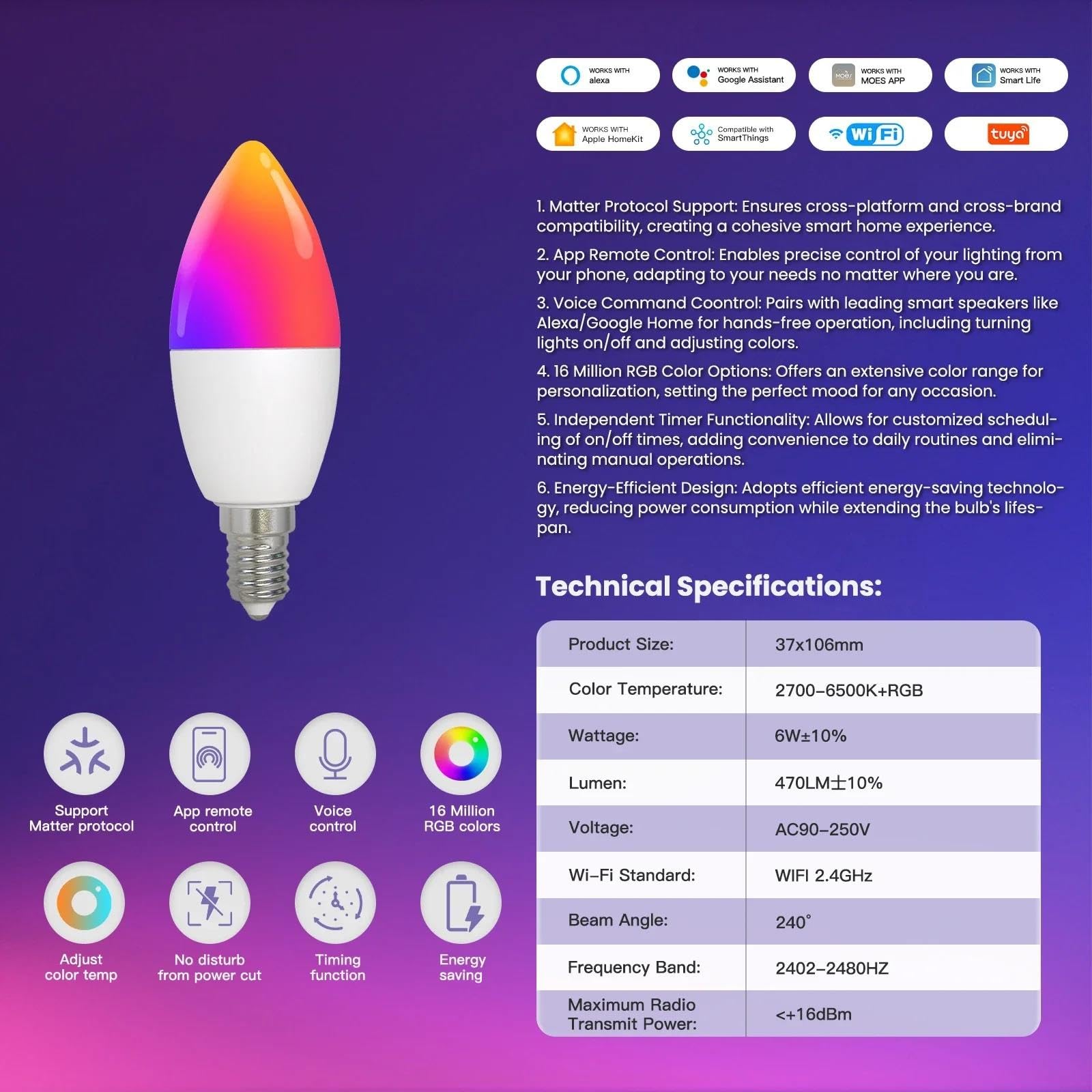 Lampadina Intelligente Tuya WiFi Dimmerabile LED 16 Milioni di Colori RGB Lampada A Candela E14 Controllo Vocale Alexa Google Home,4pcs