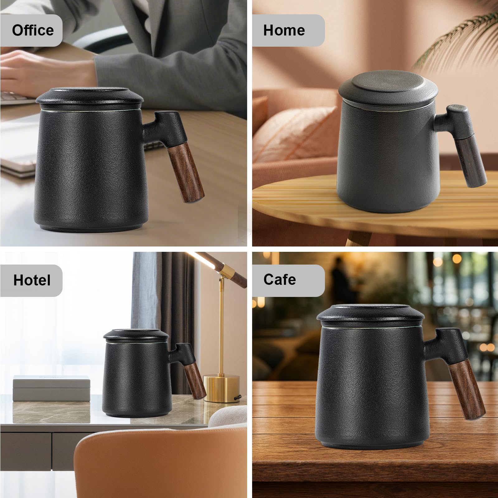Teetasse mit Deckel und Sieb, 400 ml Holzgriff Teebecher, Matte Keramik Teetassen mit Teesieb und Deckel, Teetasse mit Teesieb für Teeliebhaber, Handgesprühte Schwarze Glasur für Tee Geschenke