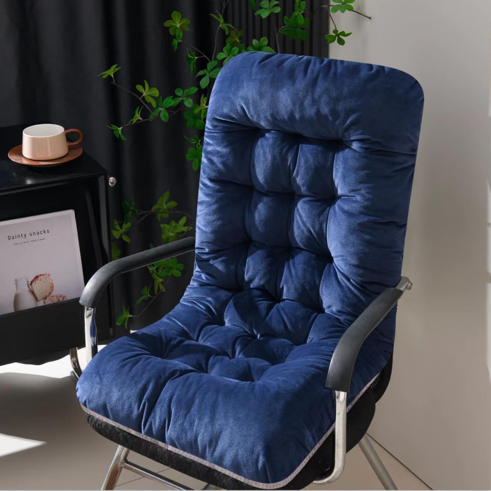 Mateju Office Chair Cushion with High Back & Ties, Velvet Soft Garden Rocking Chair Cushions Thick Seat Pads Sun Lounger Cushions for Indoor Outdoor Recliner Patio Sunbed Bench (Navy blue,45x95cm)