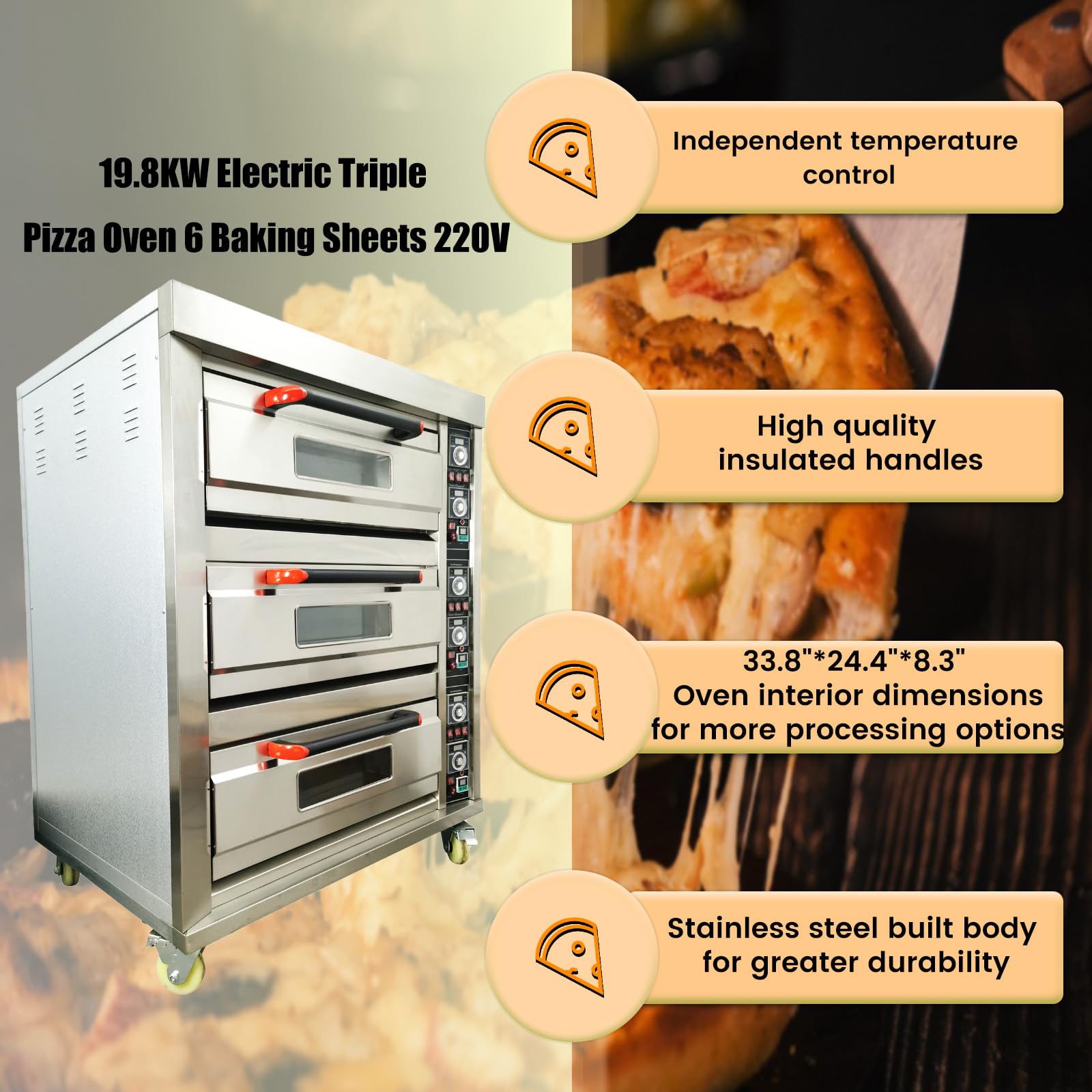 WYDDDARY Electric Triple Pizza Oven up to 400? Stainless Steel Commercial Movable Large Pizza Oven with 6 Baking Sheets for Pizza, Cookies,Bread, Cake,All kinds of Meat AC220V