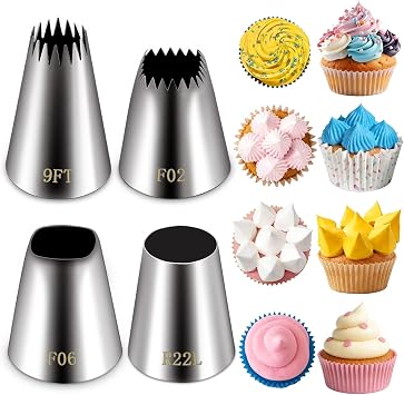 Suuker 4 Pieces Extra Large Piping Tips Set F02 F06 9FT R22L, Stainless Steel Round Star Square Wide Jumbo Piping Tips for Cake Cupcake Cookie Decorating Eclair Churro Meringue