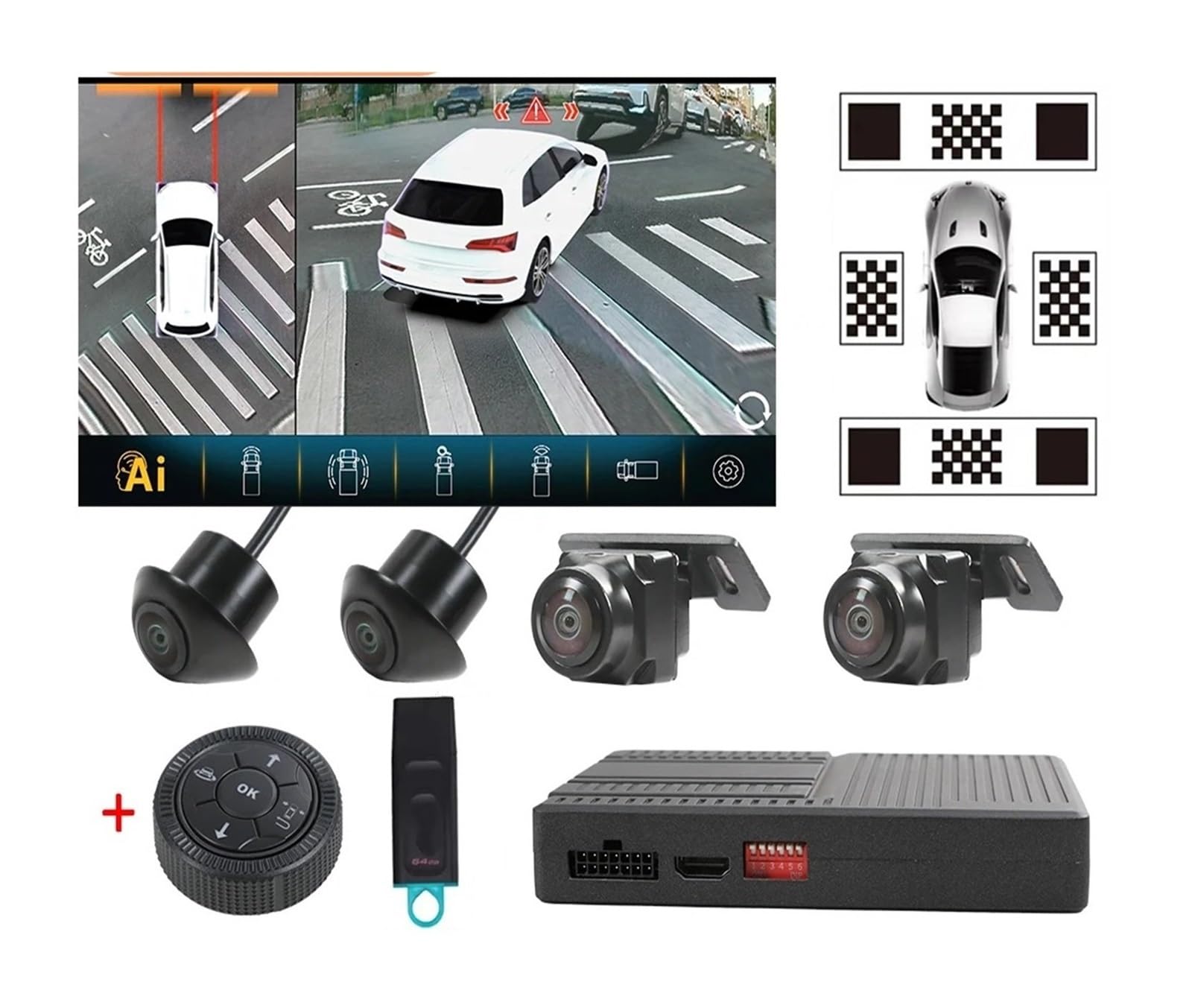 Caméra Arrière AHD 1080P 128G Ai 3D 360 ° Caméra De Vue Panoramique De Voiture Vue Surround Avant Arrière Gauche Droite Avec Tissu De Calibrage Camera de Recul pour Voiture