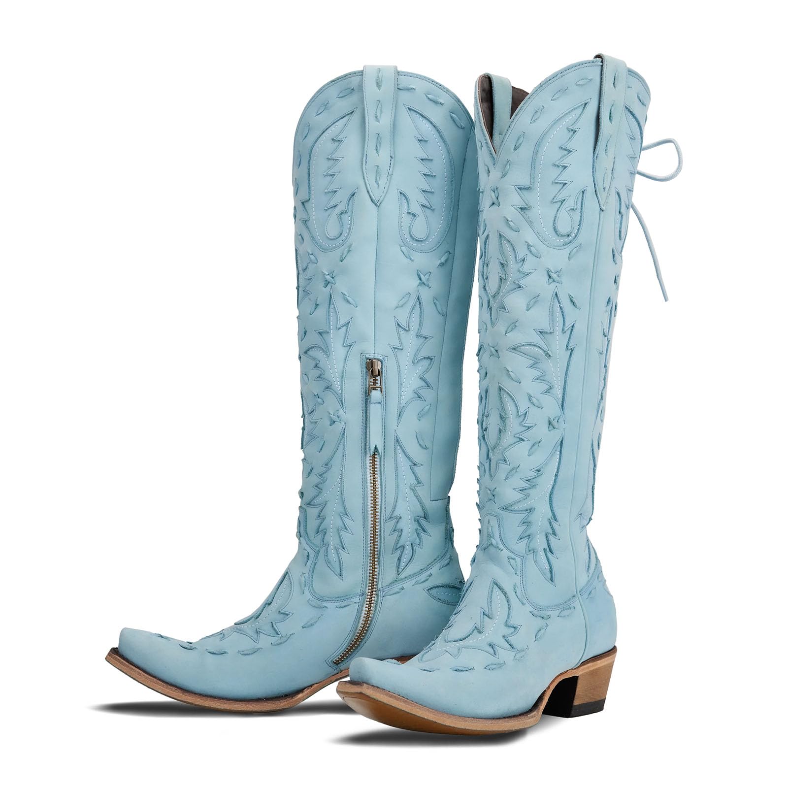 XEYANFYS Knee High Cowboy Boots for Women Pointed Toe Side Zipper Cowgirl Boots Women's Lace up Chunky Heel Western Boots