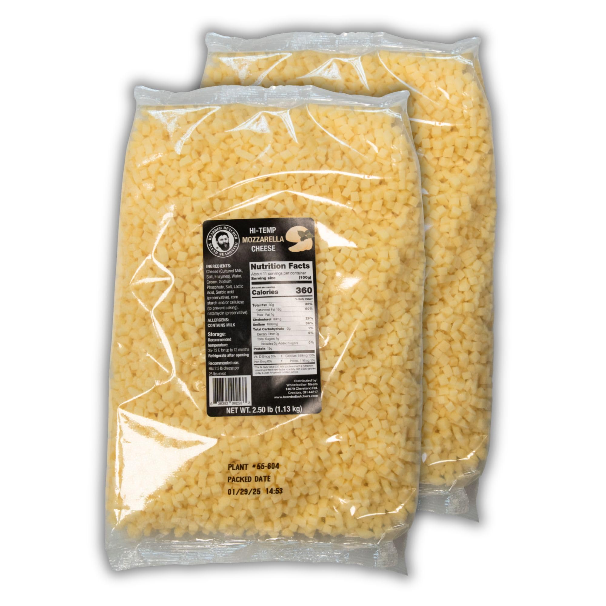 Bearded Butchers High-Temp Mozzarella Cheese, Pack of 2 (2.5 lb Bags) – 5 lbs Total, Shelf-Stable 1/4-Inch Cubes for Up to 25 lbs of Meat Per Bag, 400°F High-Temperature Cheese – Ideal for Sausage Making, Brats, Snack Sticks, Burgers, and More