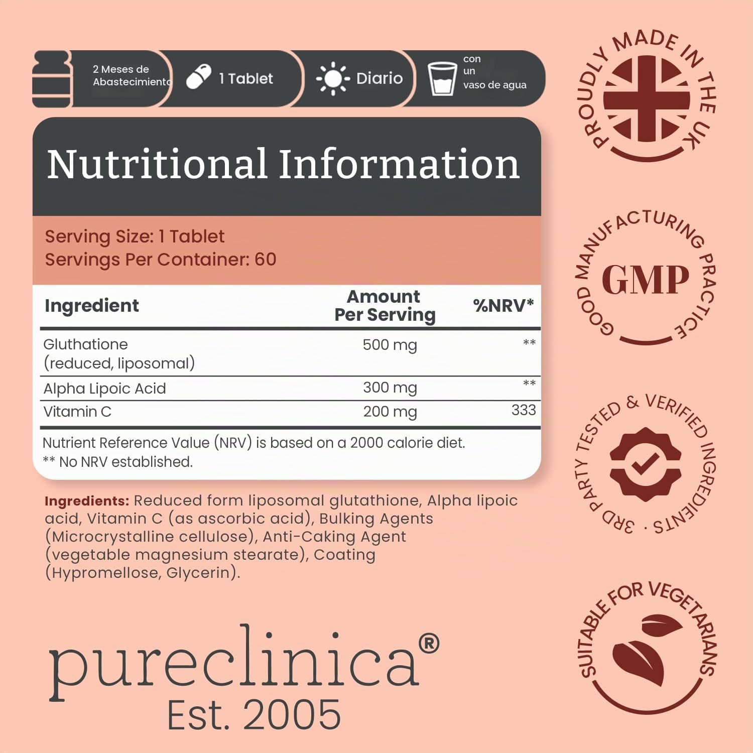 Glutationa de Doble Potencia 1000mg x 120 Comprimidos (60 comprimidos por frasco, 2 frascos). Con 500mg de Glutationa, 300mg de ALA, y 200mg de Vitamina C por comprimido. 200% más potente que los comprimidos de glutationa normales. SKU: GLU3x2