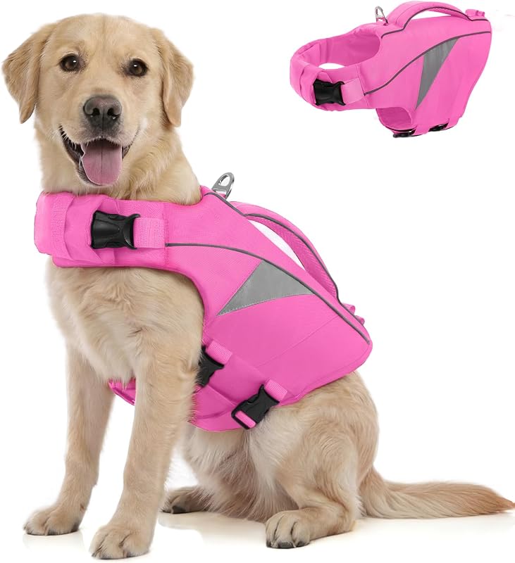 Colete Salva-Vidas para Cães Queenmore com Flutuação, Alças Ajustáveis e Faixa Refletiva Rosa Tamanho L
