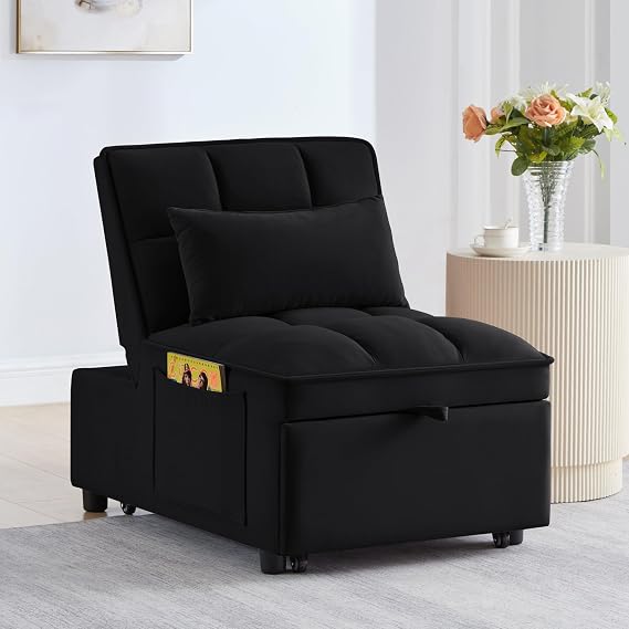 4 in 1 Sleeper Sofa Couch Bed,Multi-Function Velvet Convertible Single Sleeper Sofa Bed with Adjustable Backrest,Storage Pockets,Toss Pillows,Pull Out Single Sofa for Living Room,Black