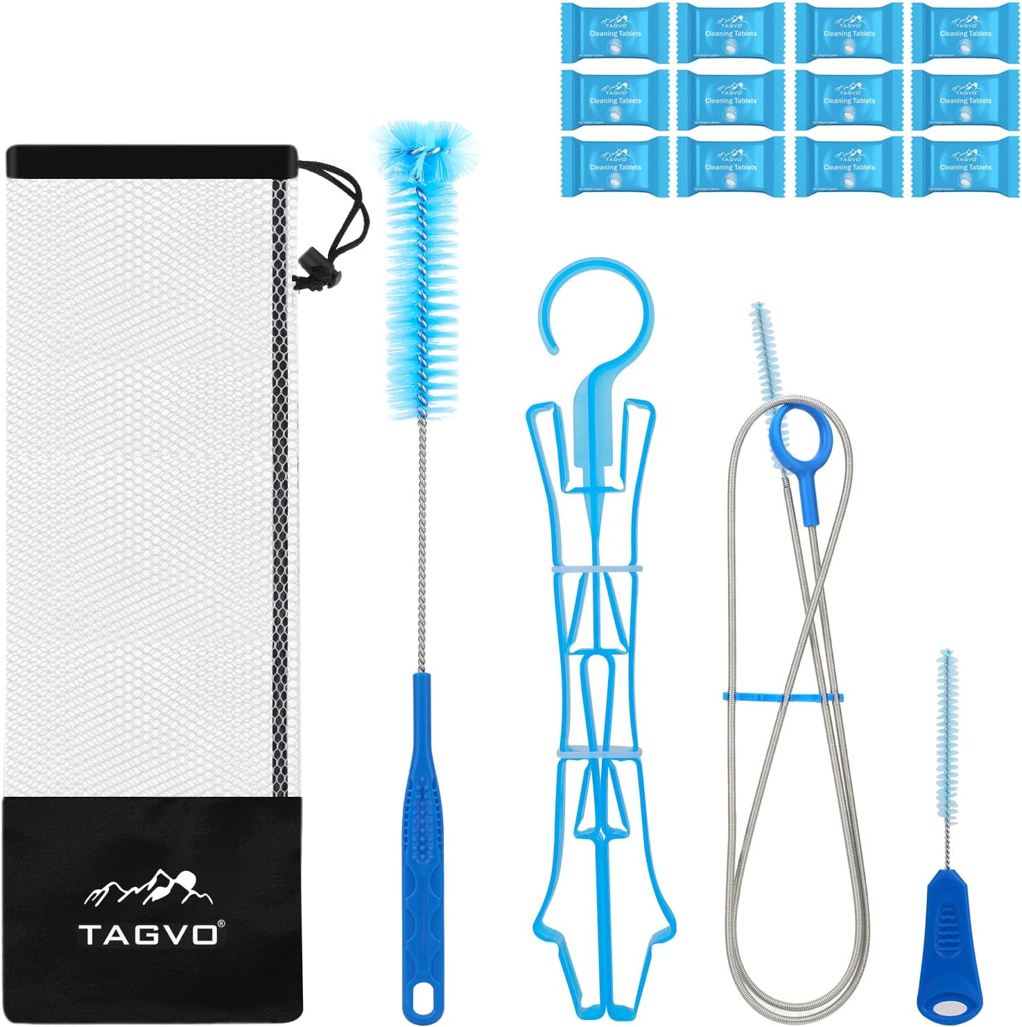 TAGVOHydration Bladder Cleaning Kit, 6 in 1 Water Bladder Cleaner Set - 3 Brushes, Collapsible Hanger, 12 Cleaning Tablets & Carry Pouch, Water Reservoir Cleaning Tools for Hydration Backpack