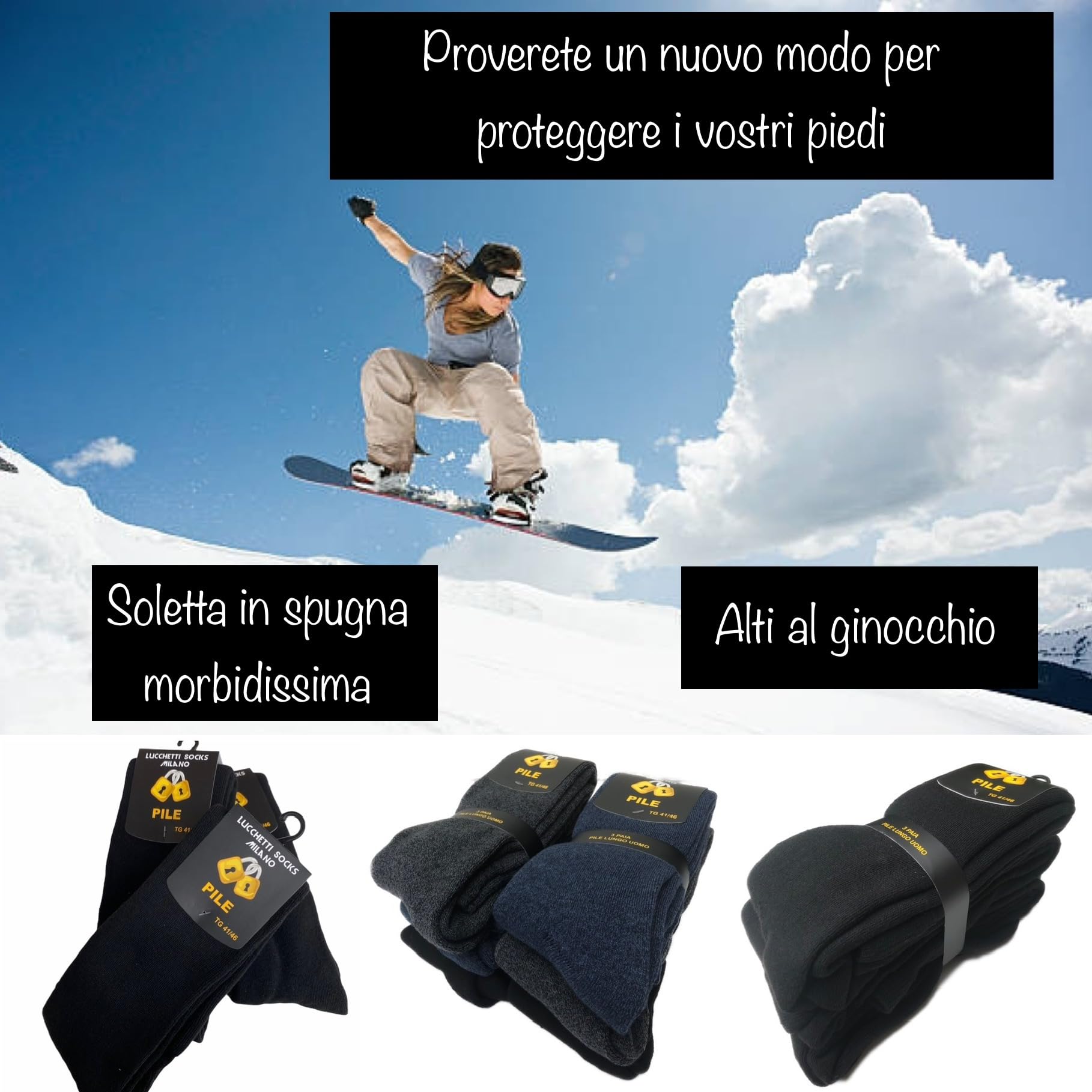 Lucchetti Socks Milano CALZE TERMICHE IN PILE LUNGHE SCI MONTAGNA PESANTI NERO BLU GRIGIO