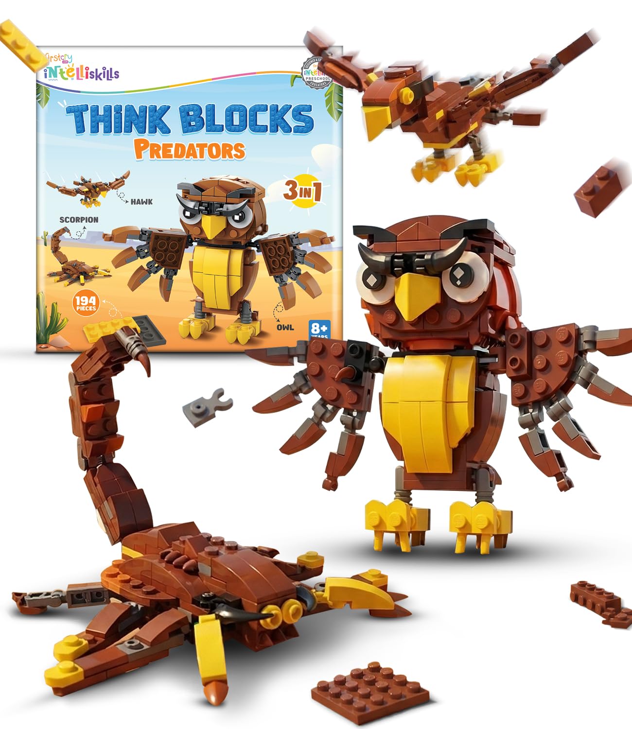 Intelliskills Think Blocks: 3-in-1 Aquatic Animals 118 Piece Set,Shark, Squid&Seahorse, Model Building Kit for Kids,STEM Construction Set for Toddlers,Assemble&Play Game,Activity&Gifting Toy (Brown)-image-39