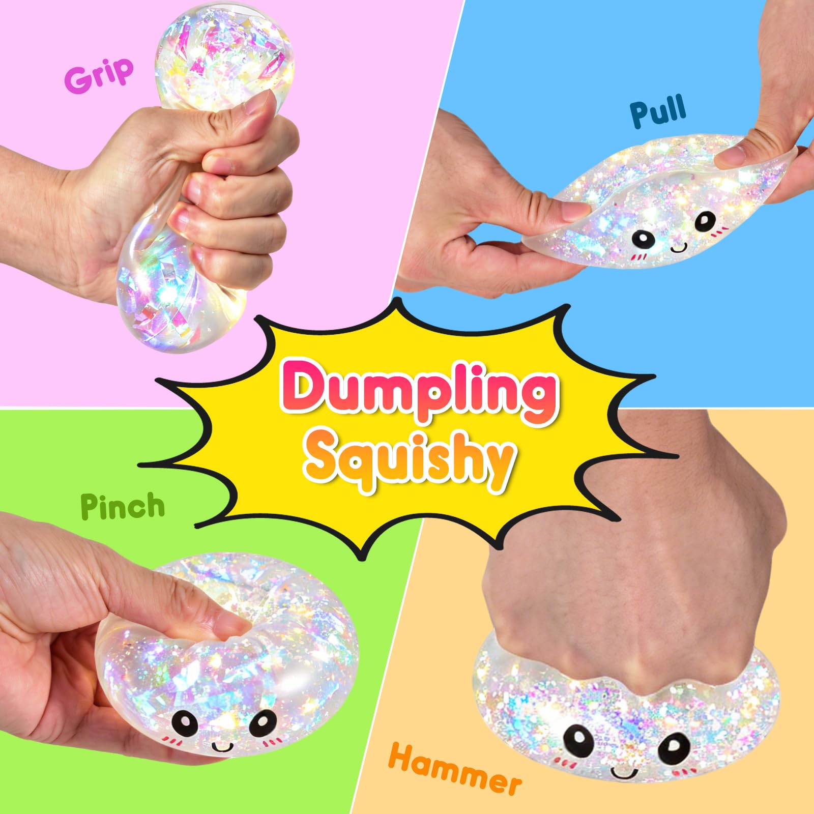 Dumpling Squishy mit Dampfgarer Box,mit Reinigungs- und Entlüftungshinweis Anti-Stress Handspielzeug als Geburtstagsgeschenk, 9 cm Transparent Regenbogen Glitzer Squishy Knödel