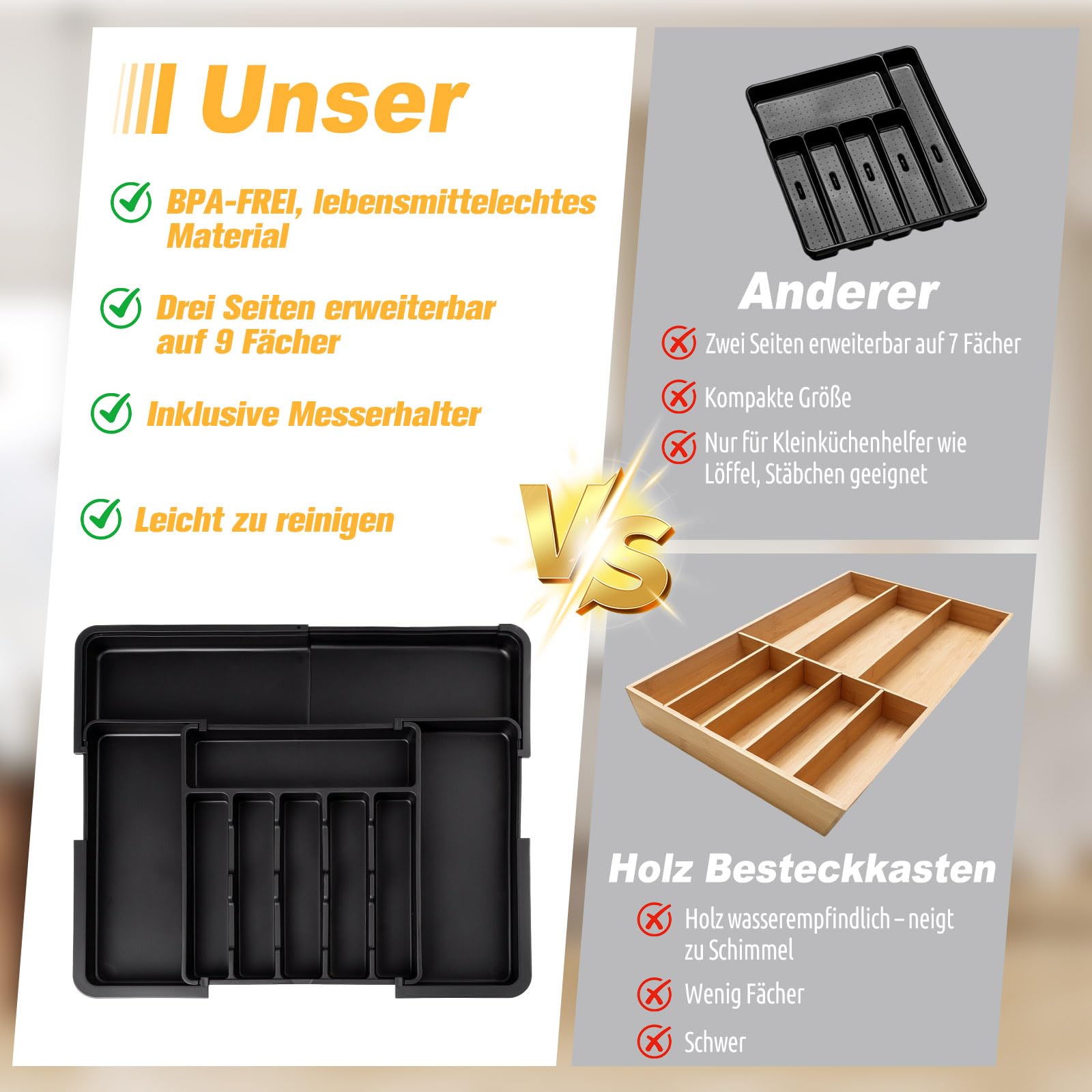 Besteckkasten für Schubladen 47 tief - Erweiterbarer Besteckschublade Einsatz mit 2 Abnehmbaren Messerblöcken, Organizer Küche Besteck in groß ausziehbar bis 56x48 cm, Küchenzubehör